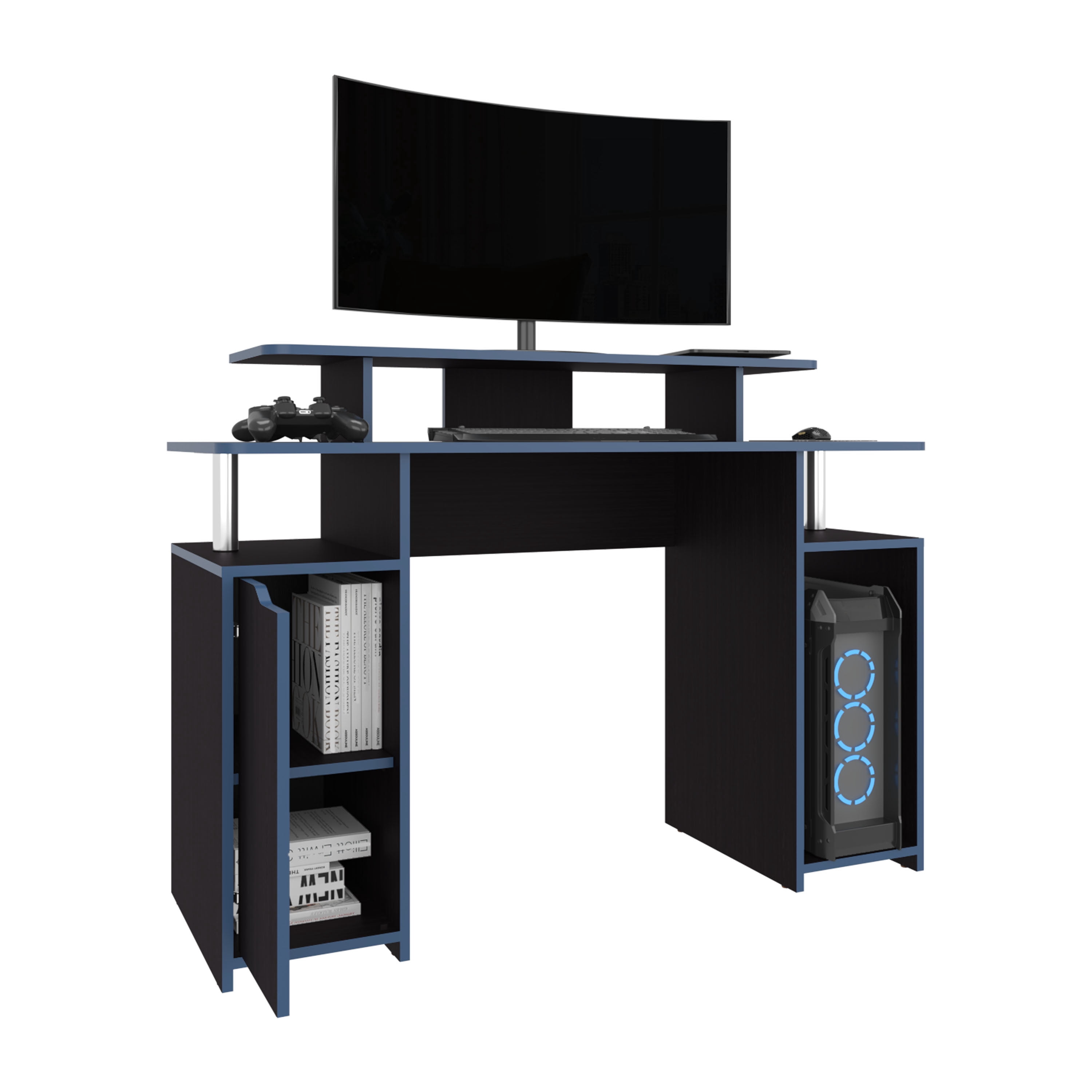 Astoutdoor 47" Wide 2-Tier Gamer Desk with Three Shelves and PC Tower Stand, Black