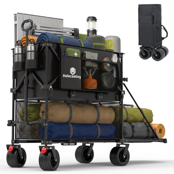 480L Double Decker Wagon, 58 in Extended Foldable Utility Cart with Tailgate, All-Terrain Wheels with Brakes, Heavy Duty Collapsible Wagon for Camping, Beach, Sports, Grocery, Pets