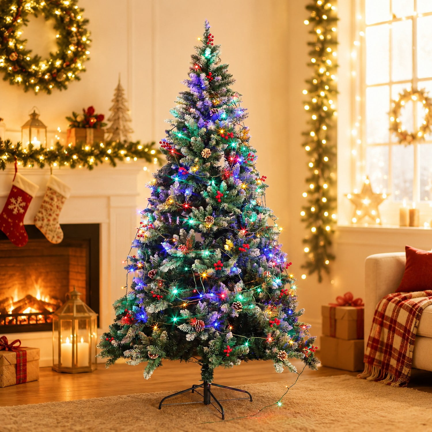 4ft Artificial Christmas Tree with 60 LED Lights, Army Green, 308 Branch Tips, Metal Hinges & Foldable Base