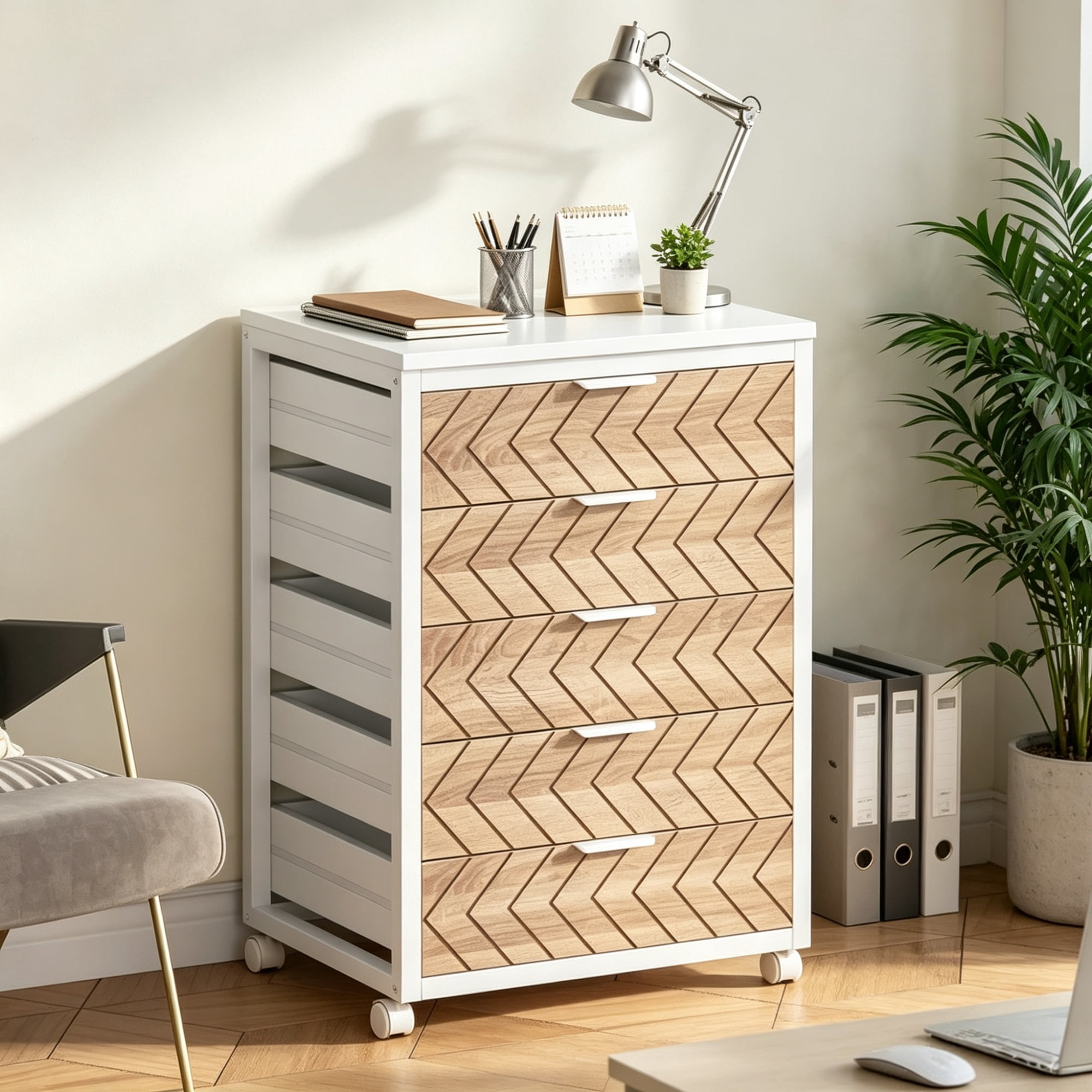Astoutdoor 5-Drawer Rolling Storage Cabinet with Wood Grain Fronts and Casters, Engineered Wood, 31.89 in x 17.52 in x 6.10 in