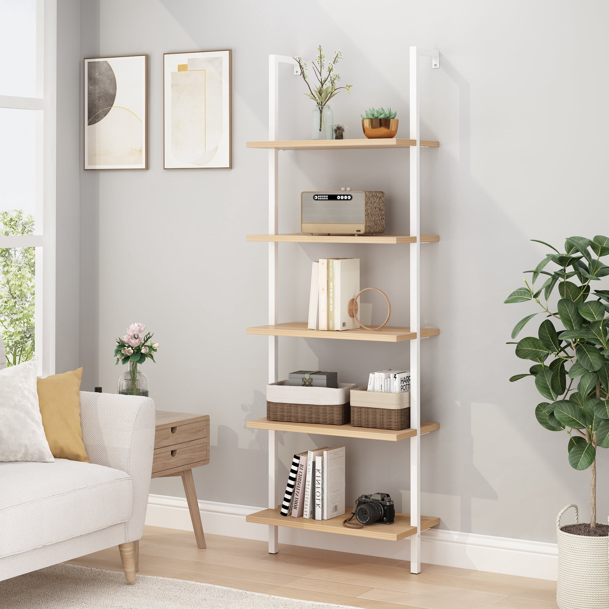 Astoutdoor 5-Layer Wall-Mounted MDF Iron Frame Display Rack, Walnut and White, 24.02 x 12.01 x 72 in