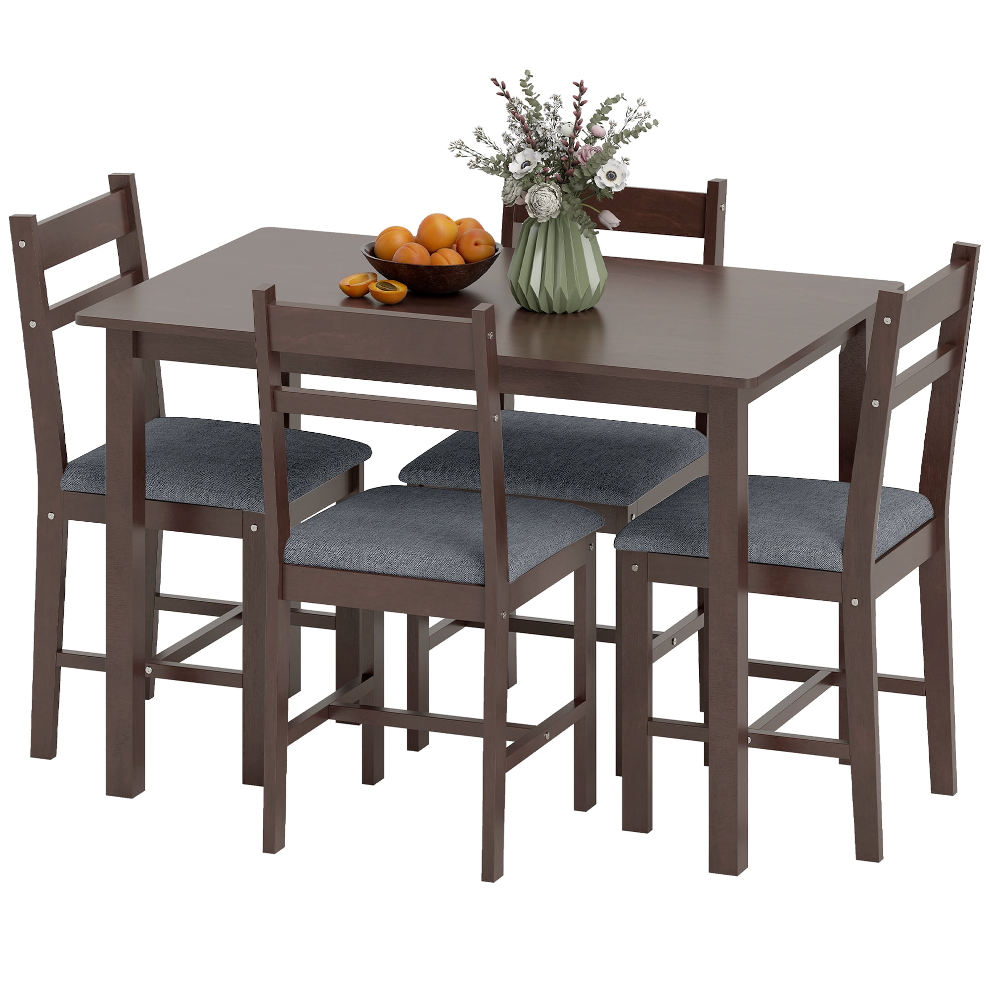 5-Piece Dining Room Set for 4, Rubberwood Table and Chairs with Linen Upholstery, Gray/Walnut