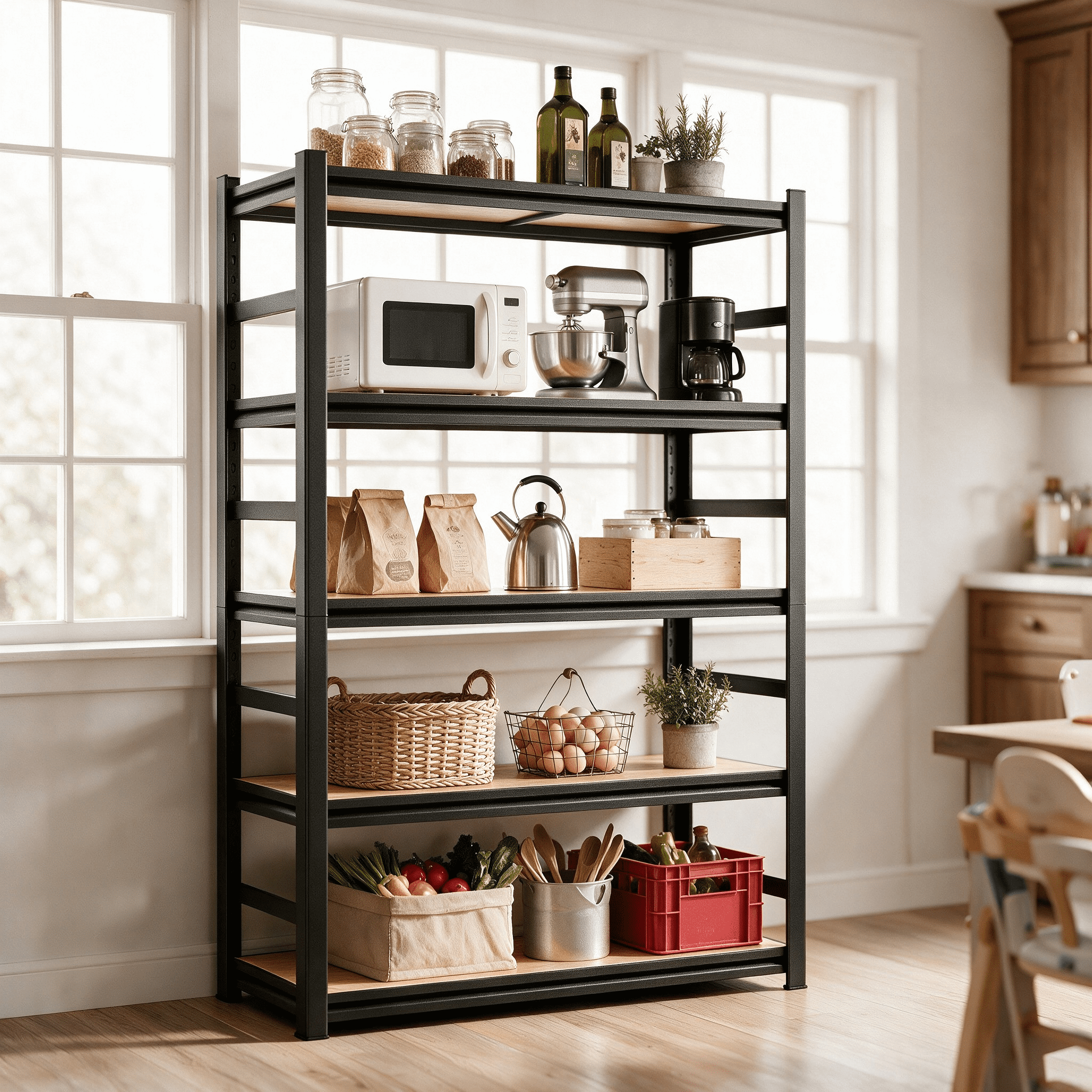 Astoutdoor 5-Tier Adjustable Storage Shelving Unit, Black Wood and Metal, 63 in High, Disassembles into Two Units