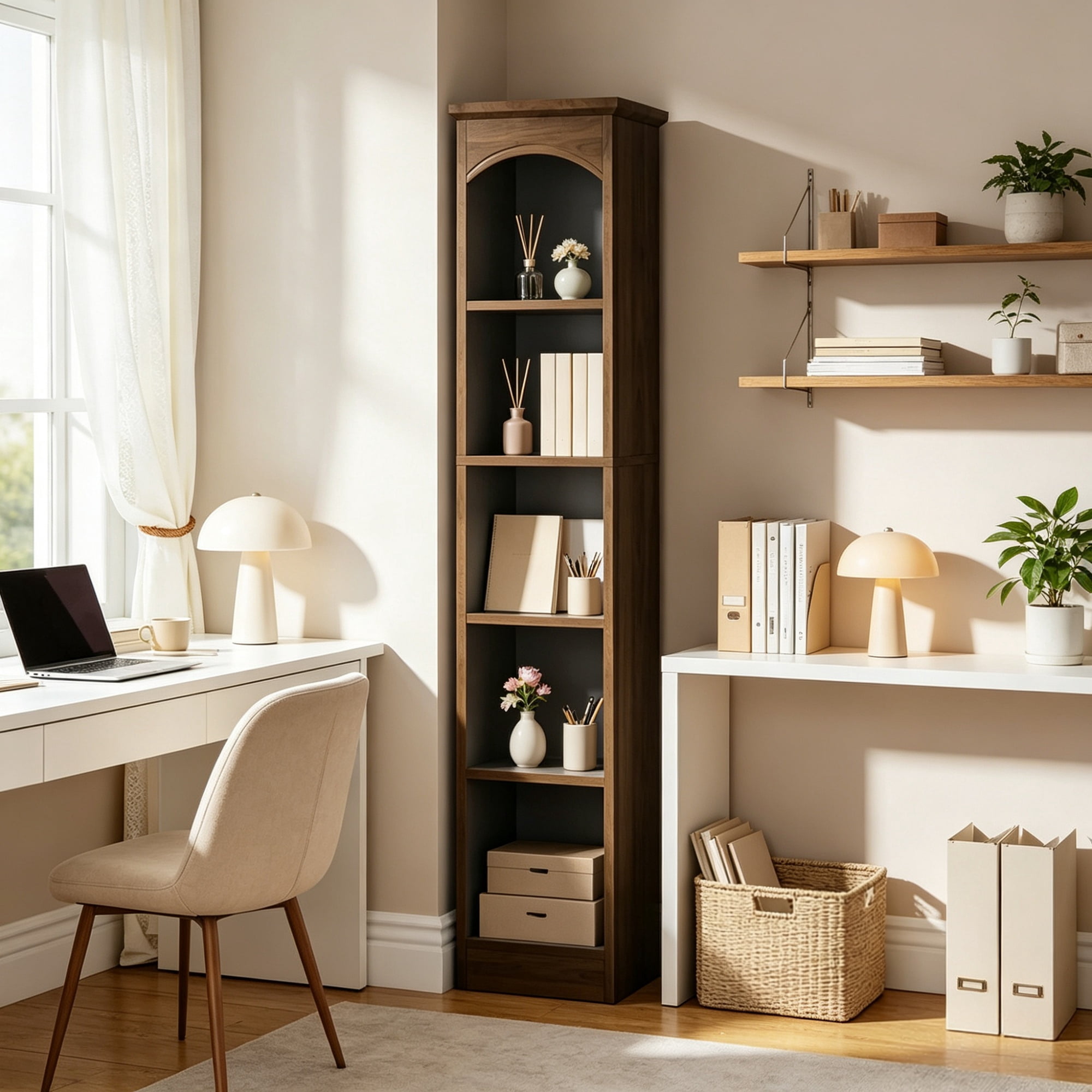 Astoutdoor 5 Tier Narrow Bookcase, Wood and Particle Board Storage Shelf, 46.46 in Long
