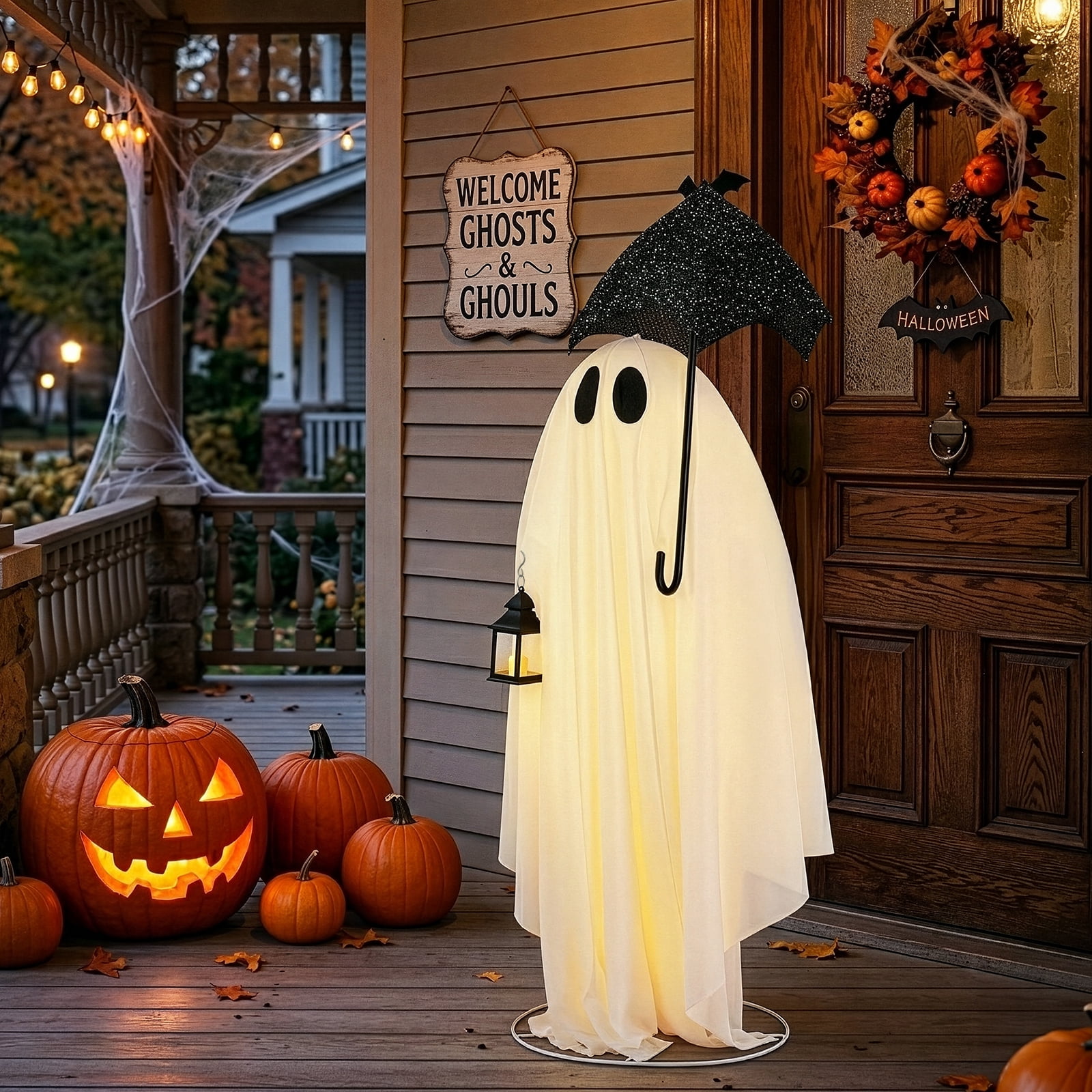 Astoutdoor 5 ft Black and White Umbrella Ghost Halloween Decoration with 100 Warm White LED Lights, 30V 3.6W Adapter, Indoor Outdoor Light-Up Decor