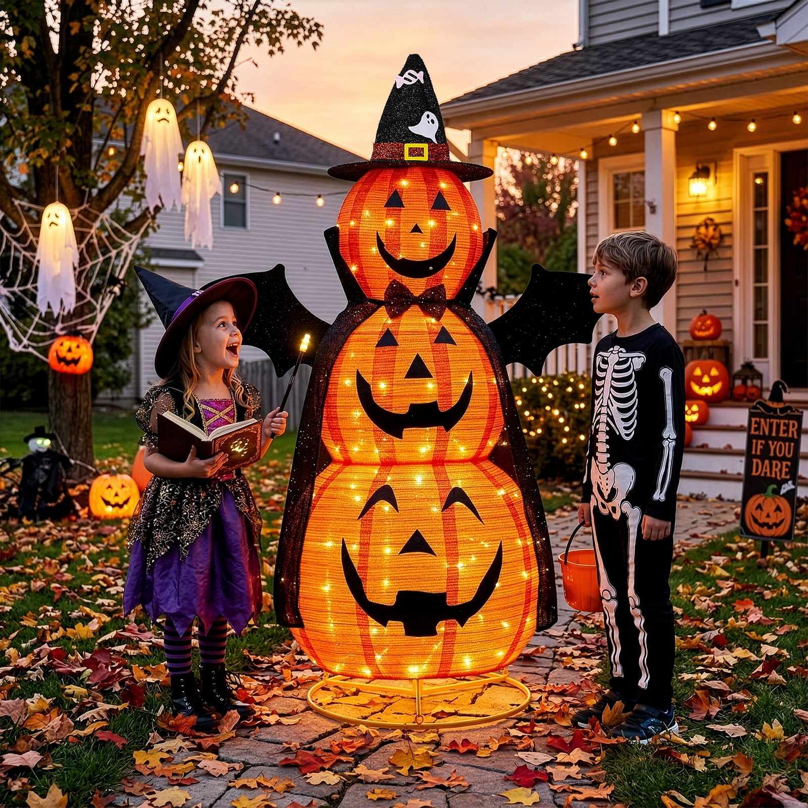Astoutdoor 5 ft Orange 3-Tier Retractable Fabric Pumpkin Halloween Light Decor with Cape and Wings, 130 Warm White LED String Lights, 4.5V 3.6W