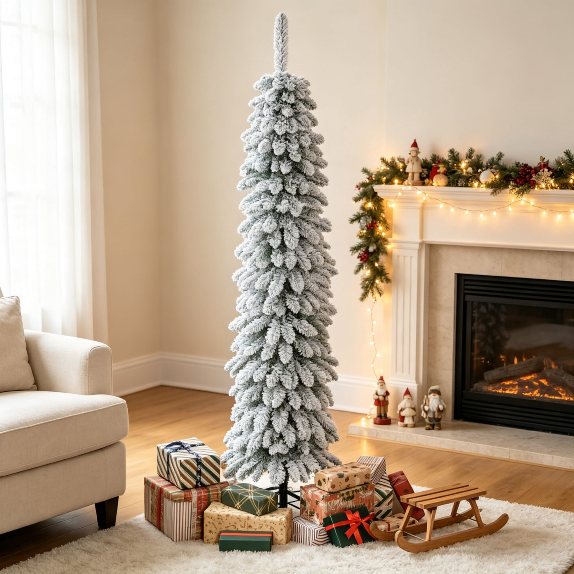 Astoutdoor 5 ft Slim Pencil Artificial Christmas Tree, Snow-Flocked, 301 Branch Tips, Green, Indoor Use