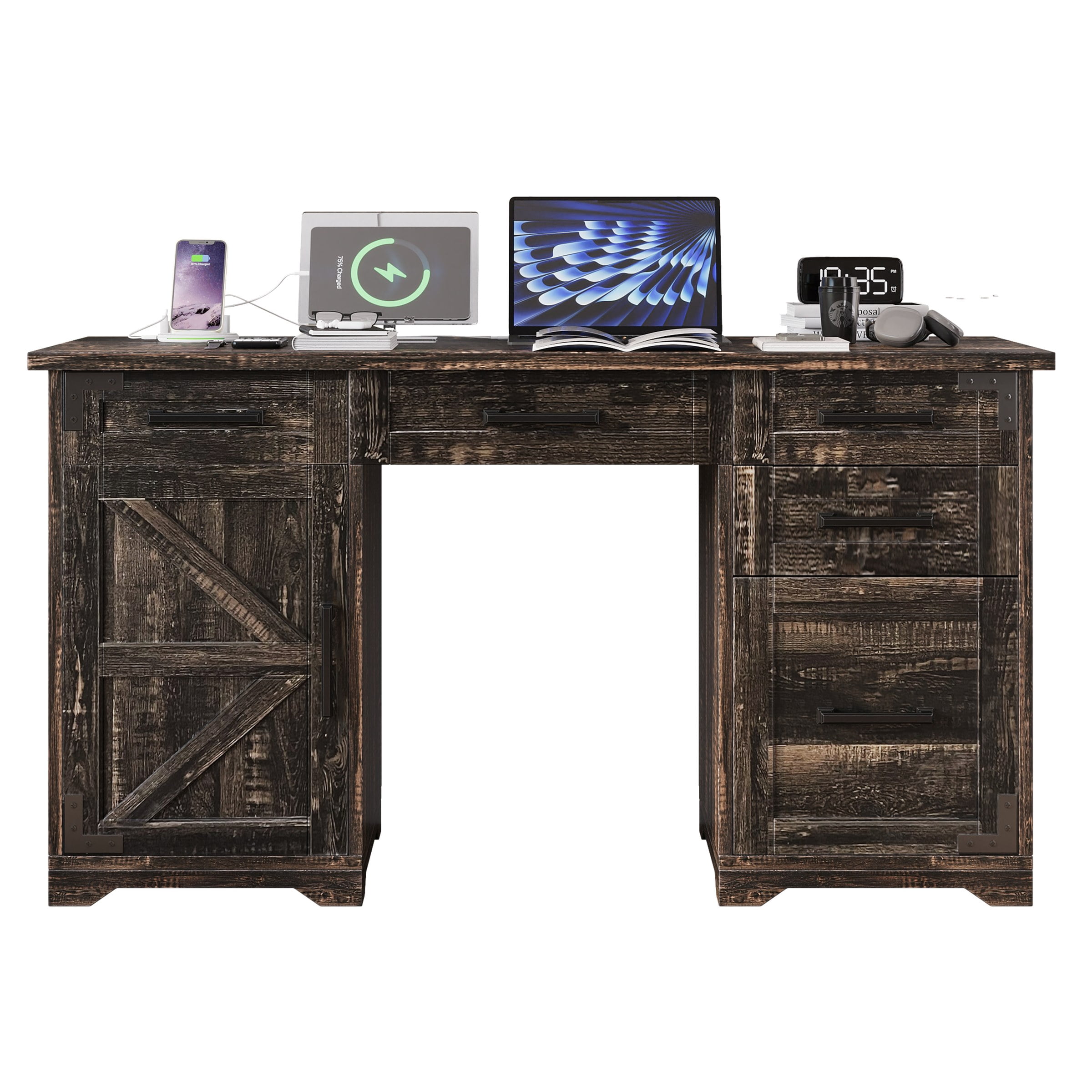 Astoutdoor 55" Farmhouse Executive Desk with Charging Station & Power Outlet, Home Office Computer Desk with 5 Drawers and Cabinet, Rustic Gray