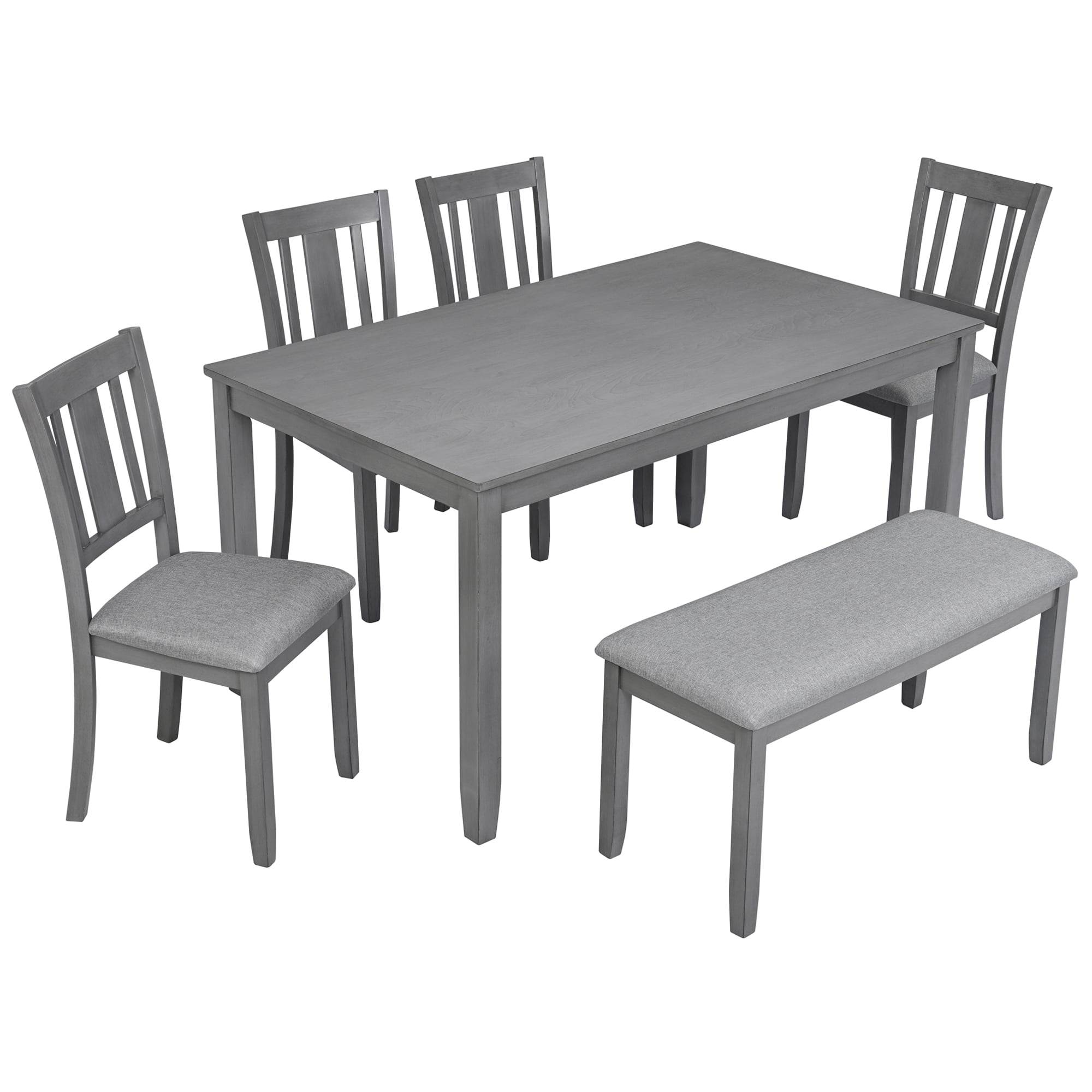 6-Piece Dining Set, Rectangular Wooden Table with 4 Upholstered Chairs and Bench, Gray