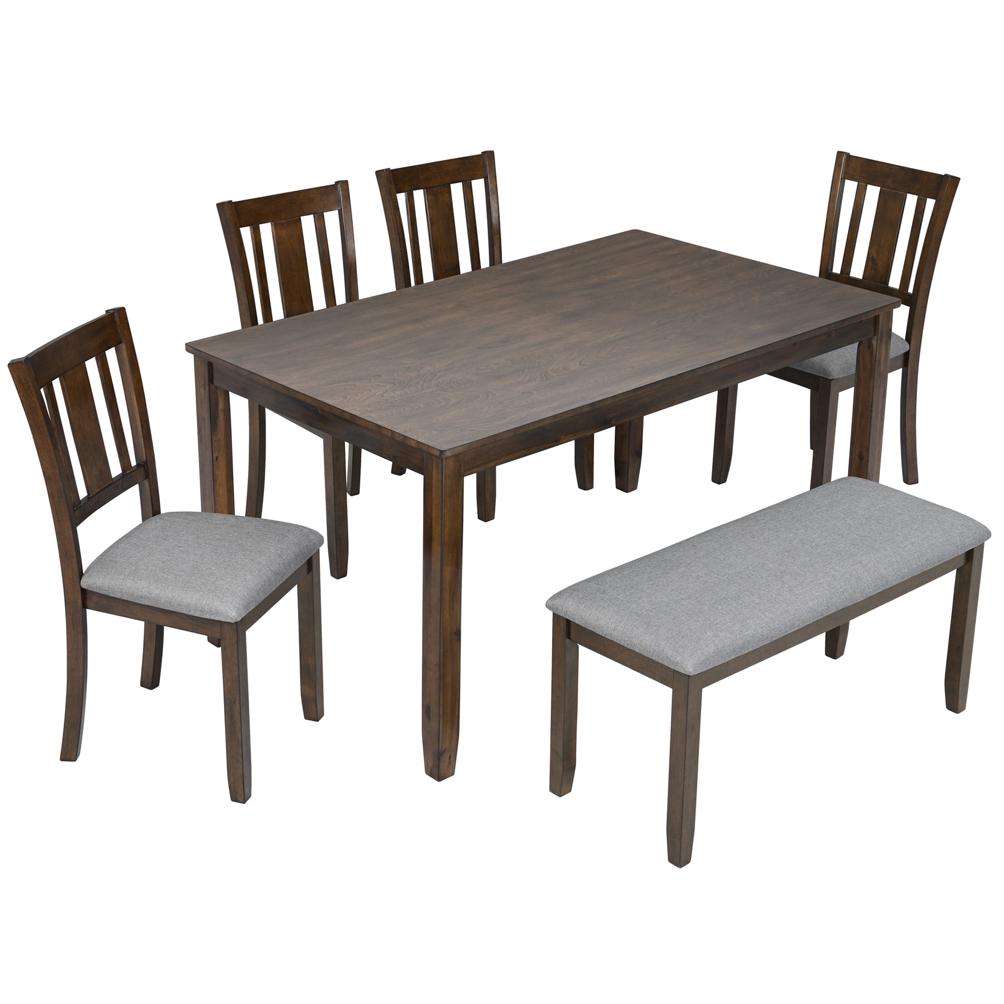 6-Piece Wooden Dining Set, Rectangular Table with 4 Upholstered Chairs and Bench, Seats 6, Walnut