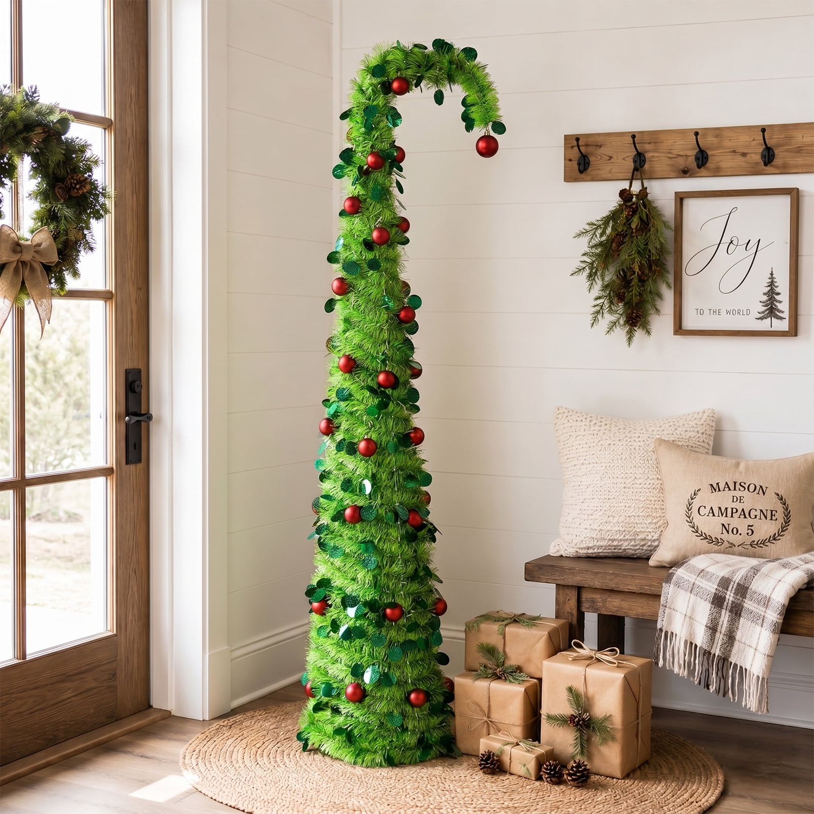 Astoutdoor 6 ft Green Bent-Top Telescopic Christmas Tree with Red Ball Ornaments, 100 Warm White LED Lights, 8 Modes, Battery Operated, PVC Pop-Up Holiday Tree
