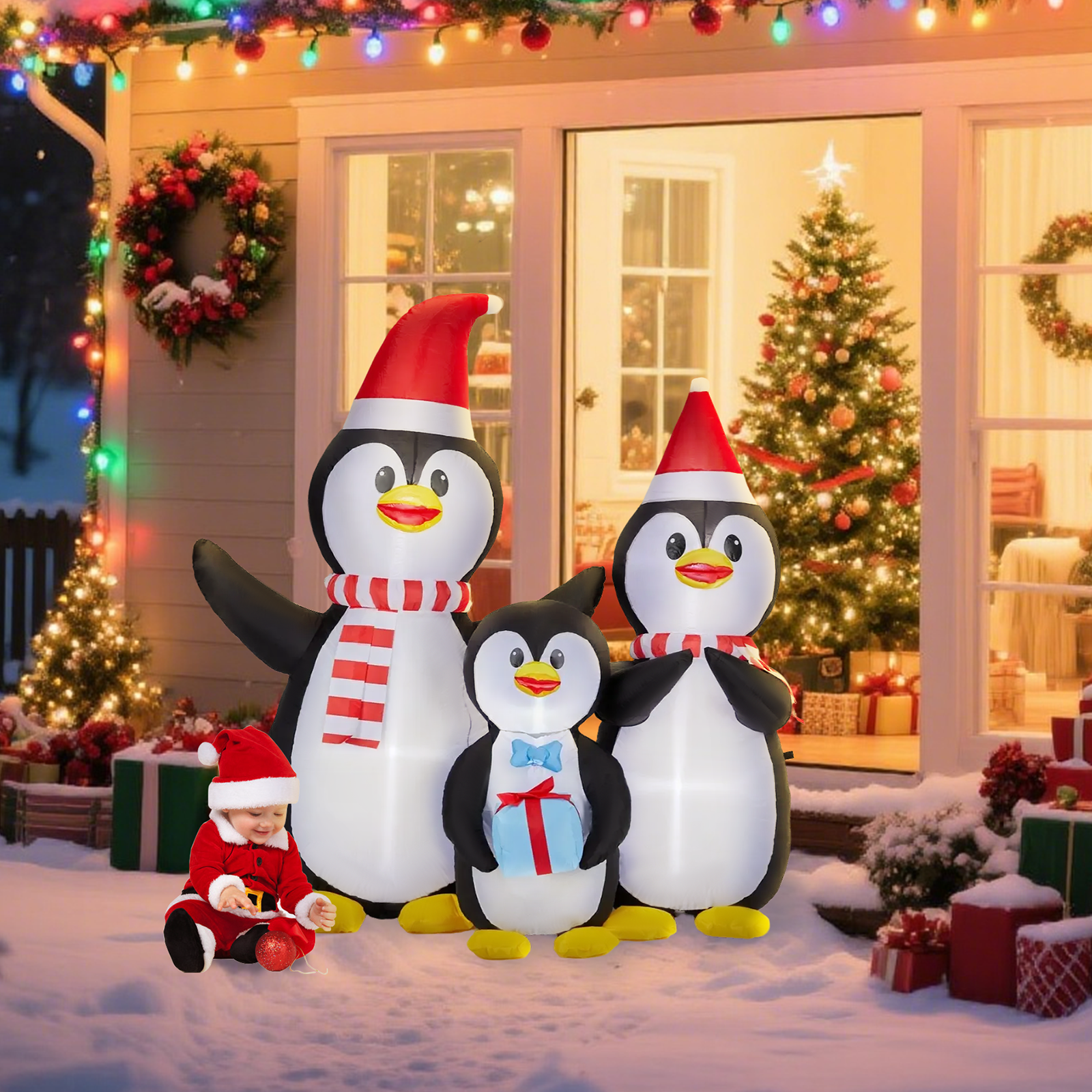 Astoutdoor 6 ft Lighted Christmas Inflatable Decoration, Penguin Family Blow Up Yard Decor with Built-in LED Lights