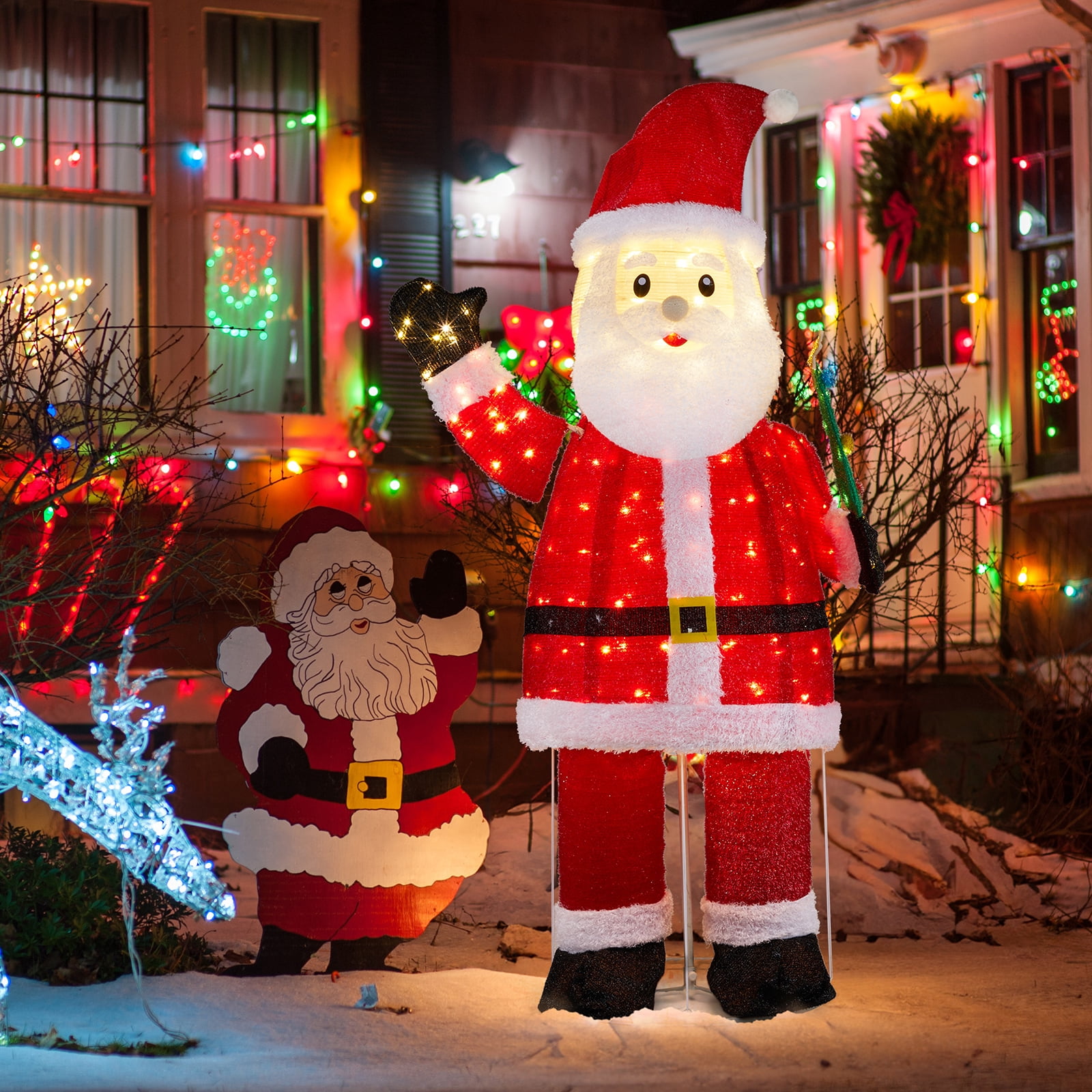 Astoutdoor 6 ft Lighted Santa Christmas Yard Decoration, Pre-lit Pull Up Santa with 180 LED Warm White Lights and Ground Stakes, White