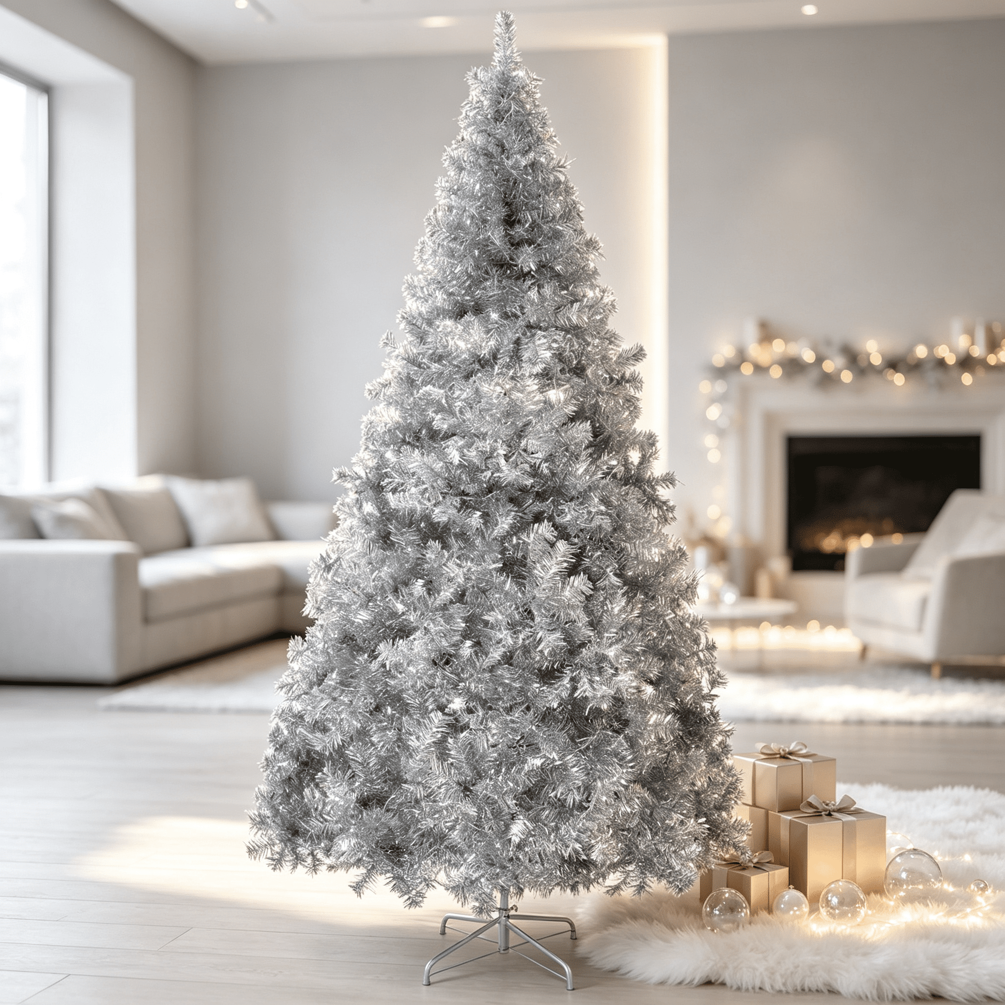 Astoutdoor 6 ft Pre-Lit Artificial Christmas Tree, Silver, 900 Branch Tips, 300 Warm White LED Lights, 8 Modes, Remote Control, Hinged, Metal Stand