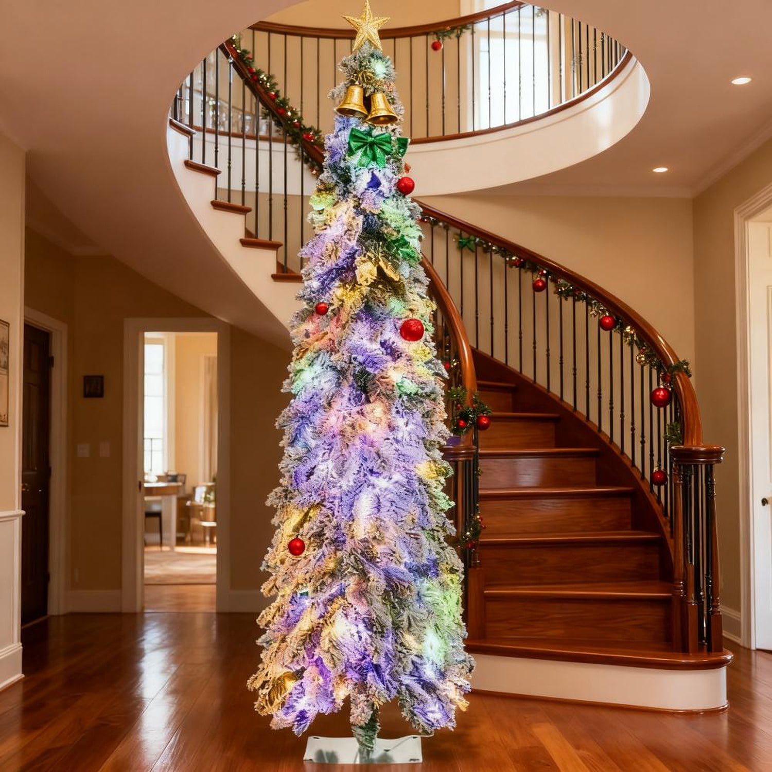 6 ft Pre-Lit Slim Christmas Tree with Snow-Flocked Branches, Green
