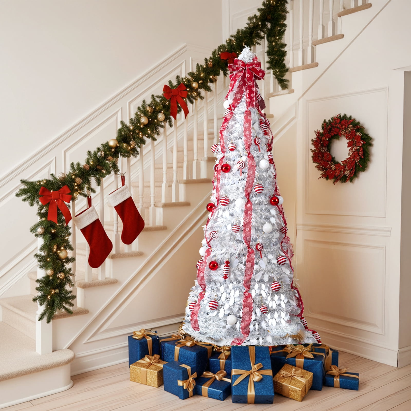 Astoutdoor 6 ft Pre-lit Christmas Tree, Pop Up Artificial Xmas Tree with 100 Warm Lights and Red Ornaments, White