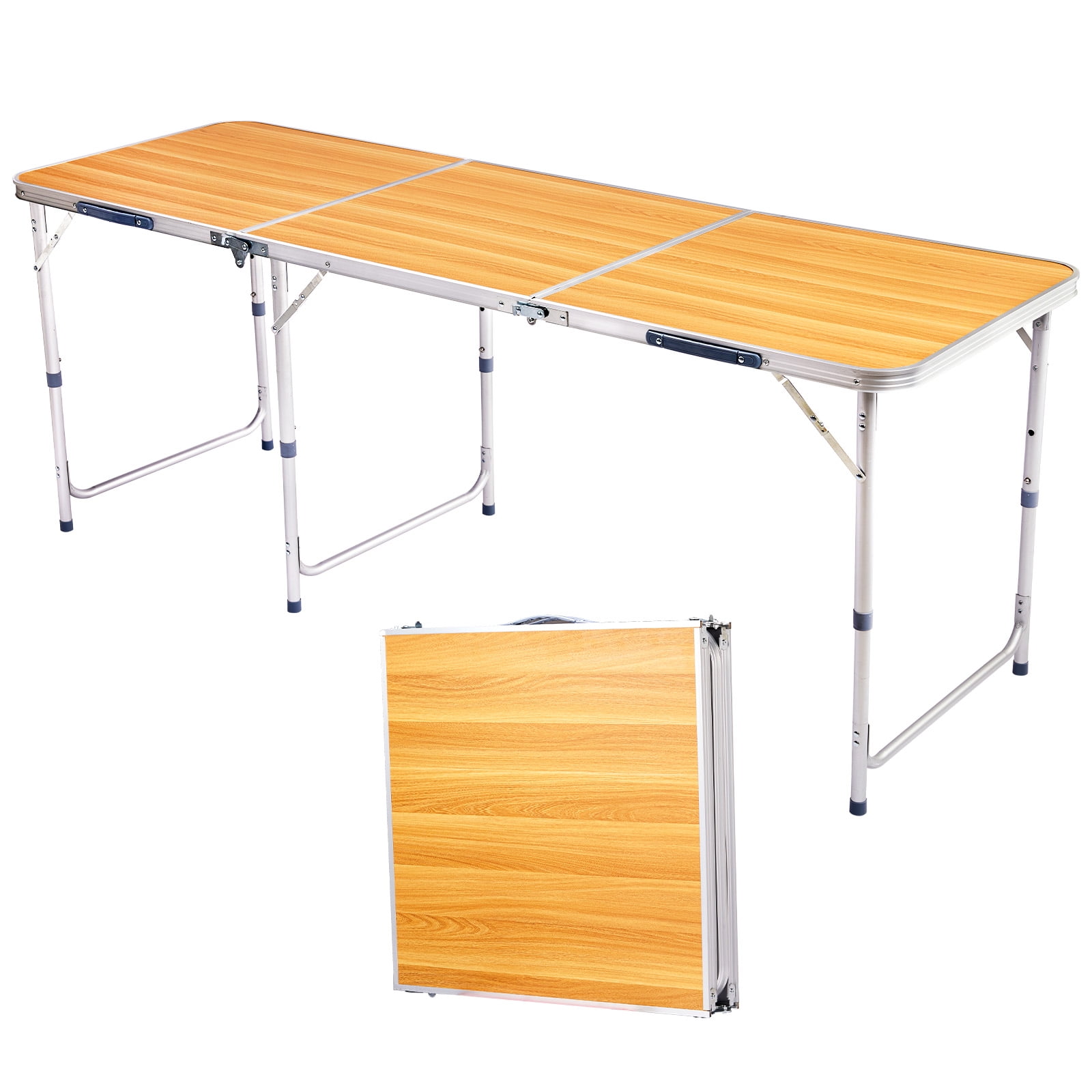 Astoutdoor 6 ft Rectangle 3-Fold Top Outdoor Folding Table, Aluminum Frame, Wood Grain