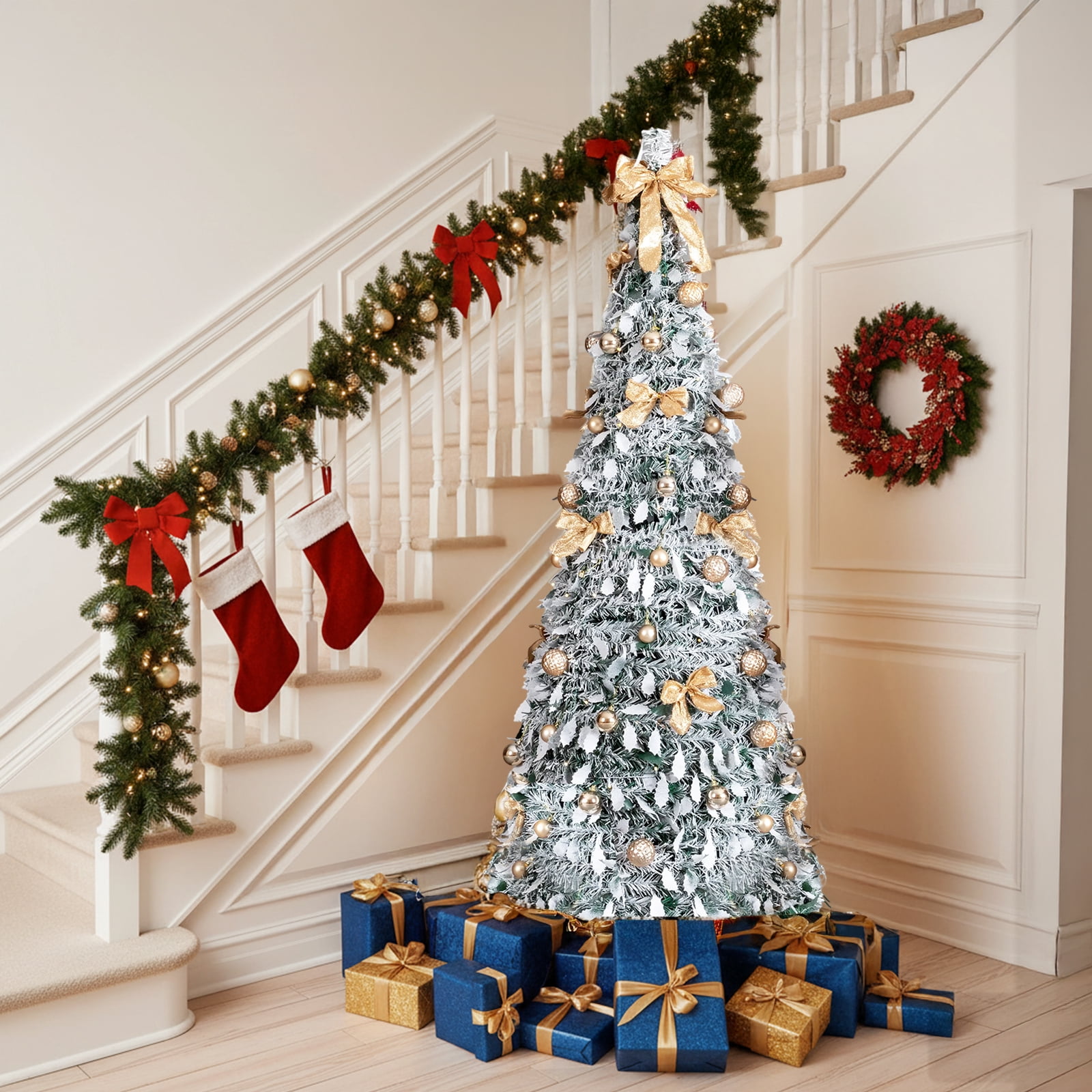 Astoutdoor 6 ft Snow Flocked Pre-lit Artificial Pop Up Christmas Tree with 100 Warm Lights and Golden Ornaments, Snowy Green