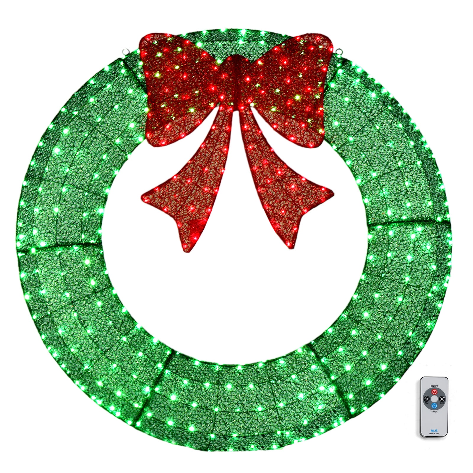 Astoutdoor 60 in Pre-Lit Outdoor Christmas Wreath Decoration with 400 Warm White LED Lights, Red Bow, Green, Metal Frame