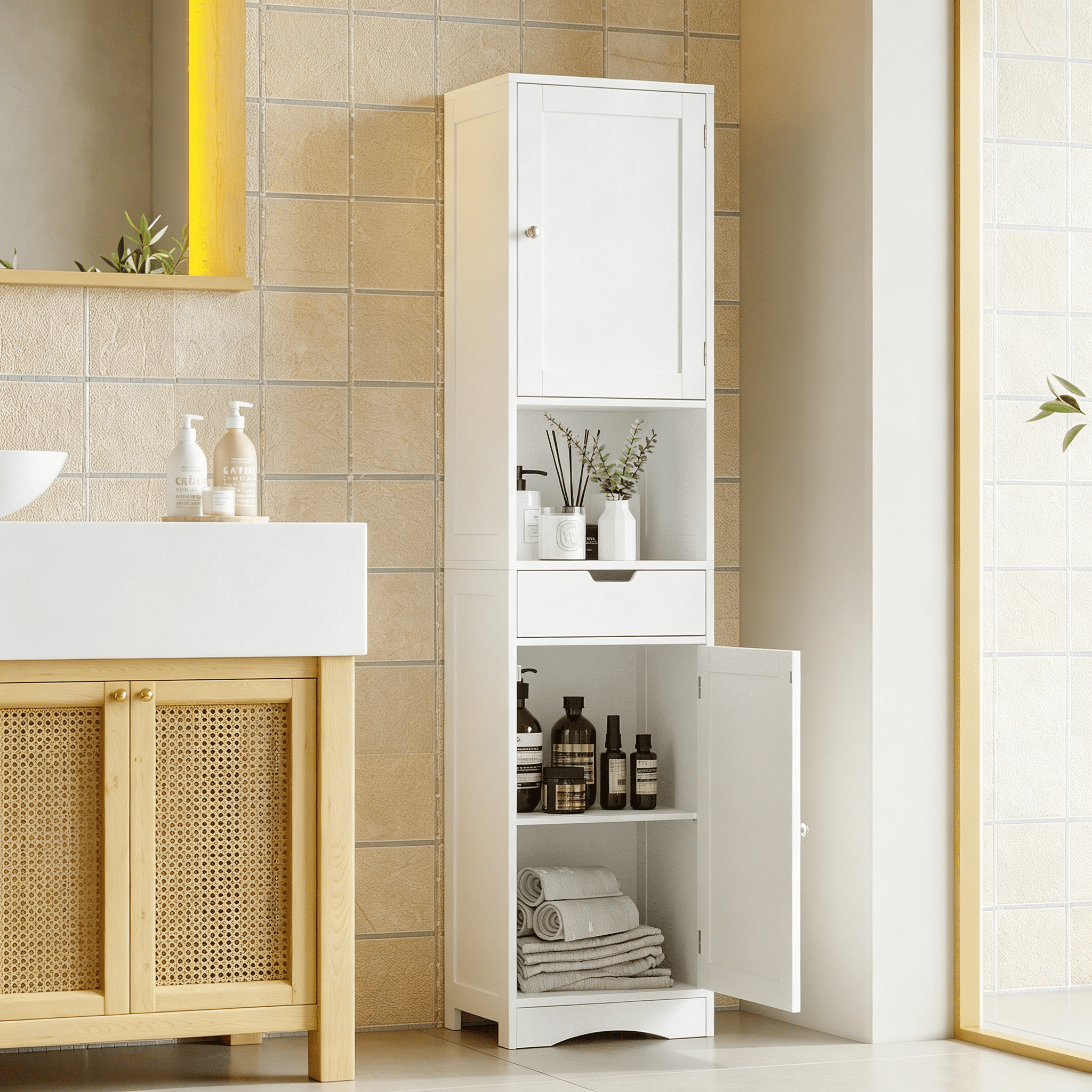 67 in Tall Bathroom Cabinet with 2 Doors and 1 Drawer, Narrow Storage Cabinet with Adjustable Shelves, White