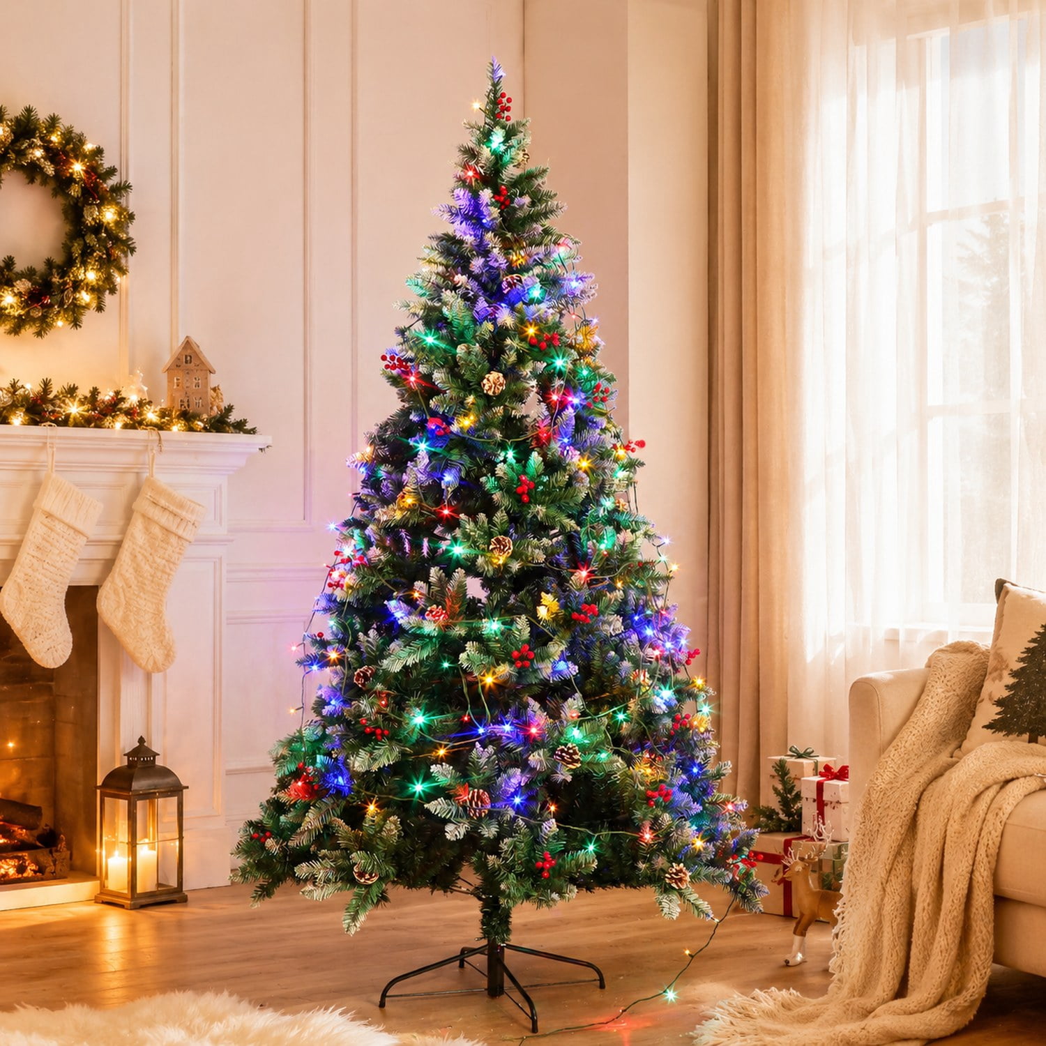6ft Artificial Christmas Tree with 150 LED Lights, Army Green, 750 Branch Tips, Metal Hinges & Foldable Base