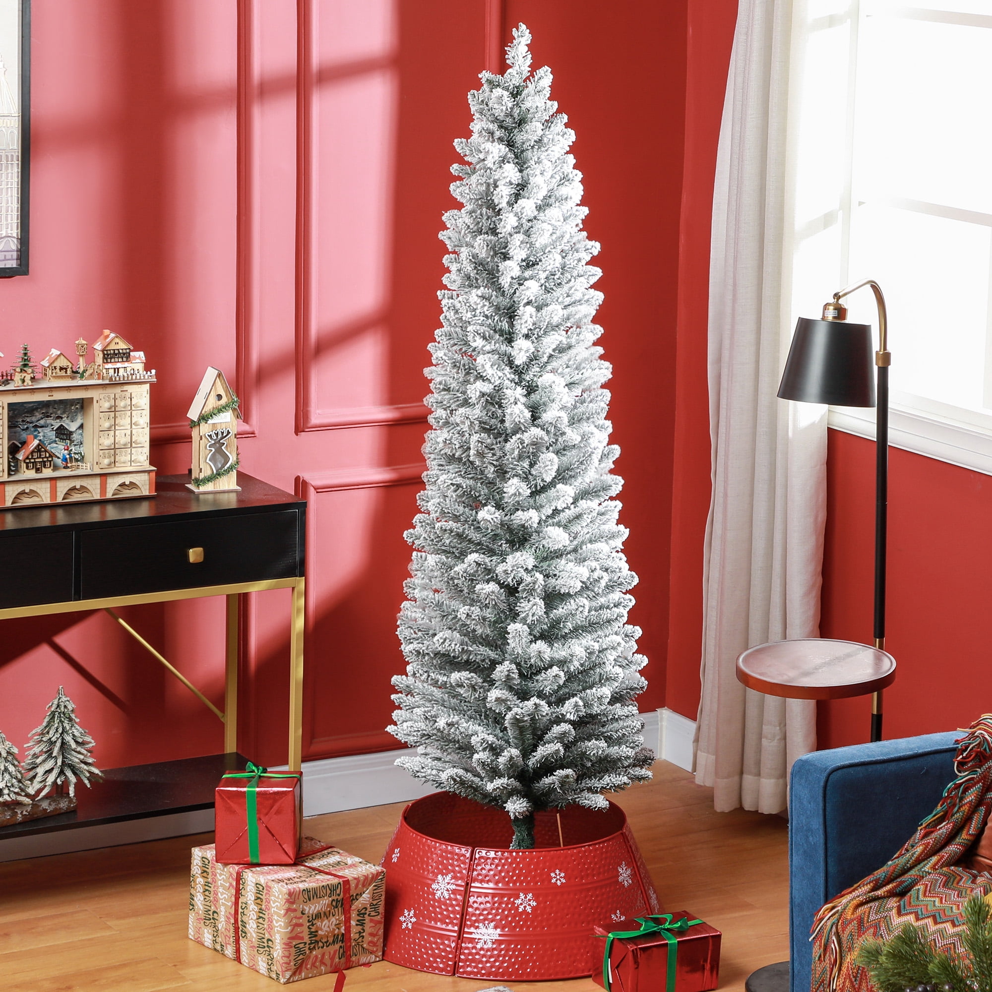 6ft Artificial Pencil Christmas Tree with Snow Flocked Tips, Green