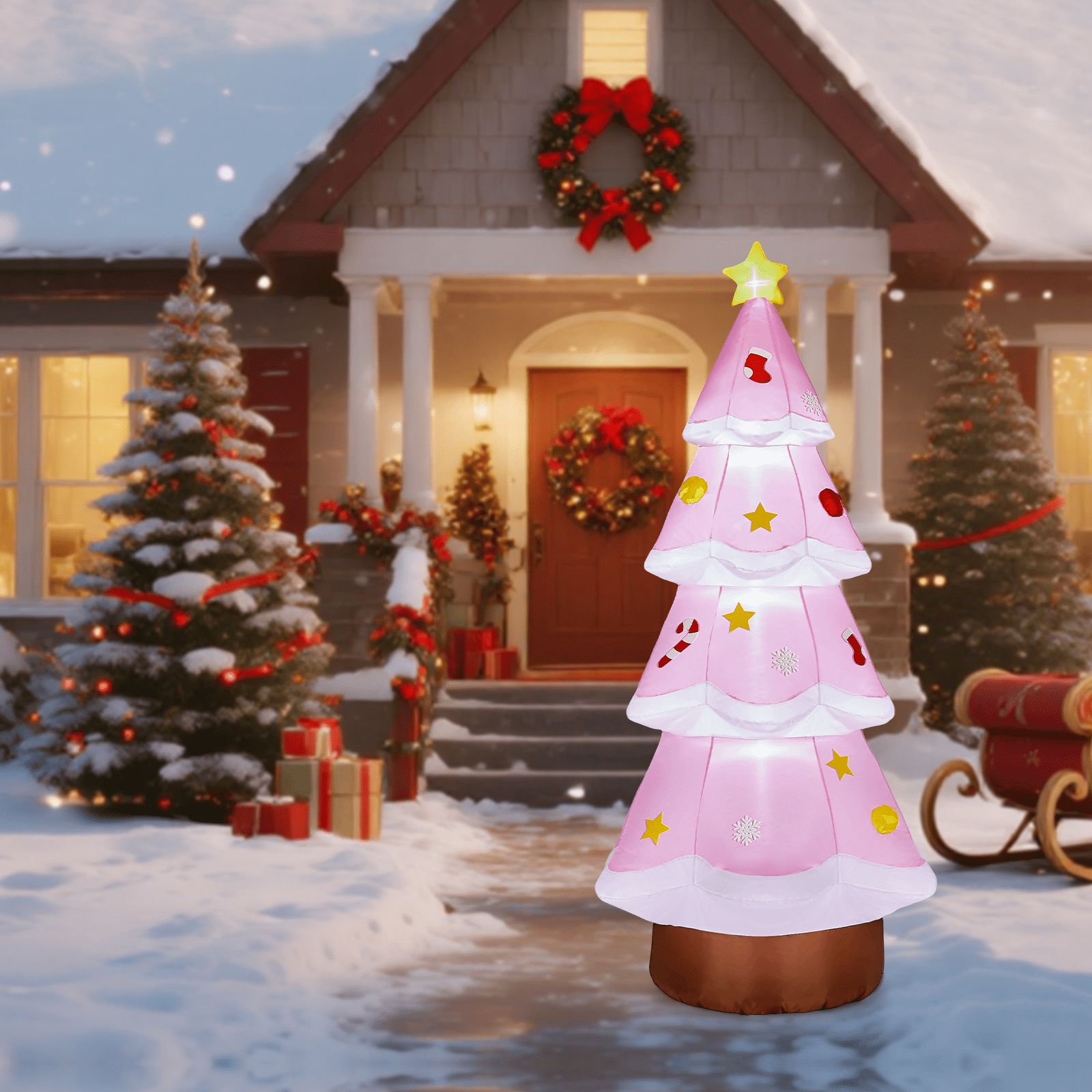 Astoutdoor 7.2 ft Lighted Christmas Inflatable Decoration, Pink Christmas Tree with Built-in LED Lights, Blow Up Yard Decoration for Holiday Party Front Yard Lawn Garden Decor