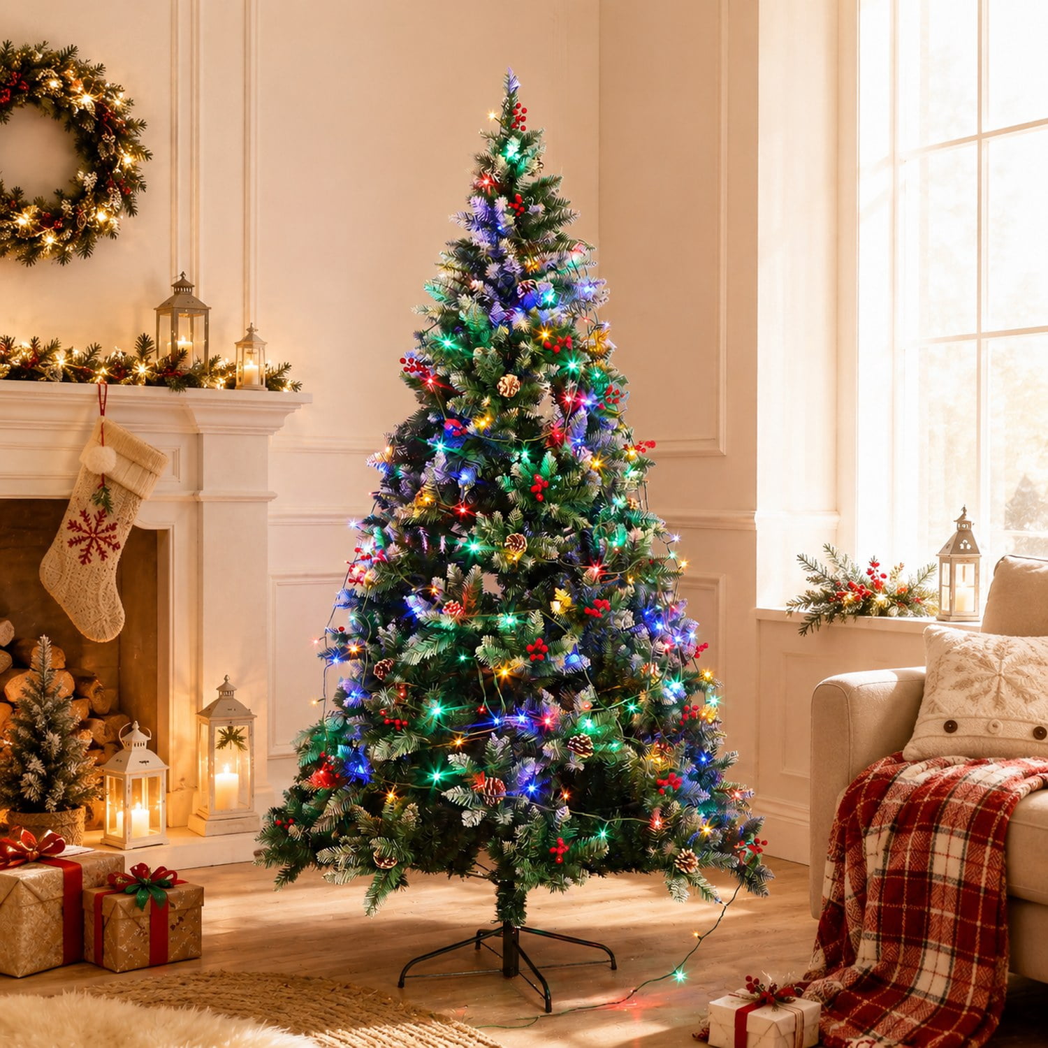 7.5 ft Artificial Christmas Tree with 200 LED Lights, Army Green, 1358 Branch Tips, Metal Hinges & Foldable Base