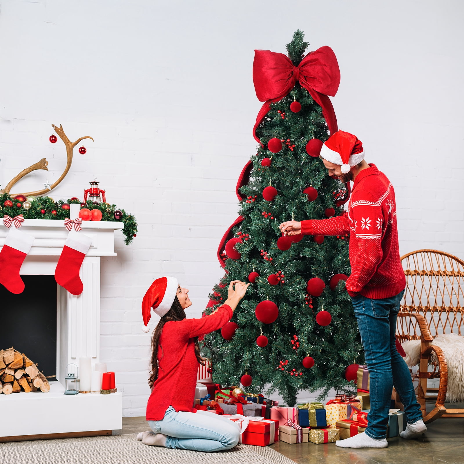 Astoutdoor 7.5 ft Artificial Christmas Tree with 300 Warm White LED Lights, Hinged Pine Tree with Bowknot and Red Ball Ornaments, Dark Green
