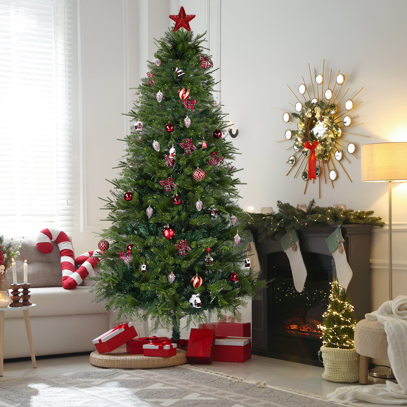 Astoutdoor 7.5 ft Artificial Christmas Tree with 400 Warm White LED Lights, Hinged Pine Tree with Tree Skirt and Ornaments, Green