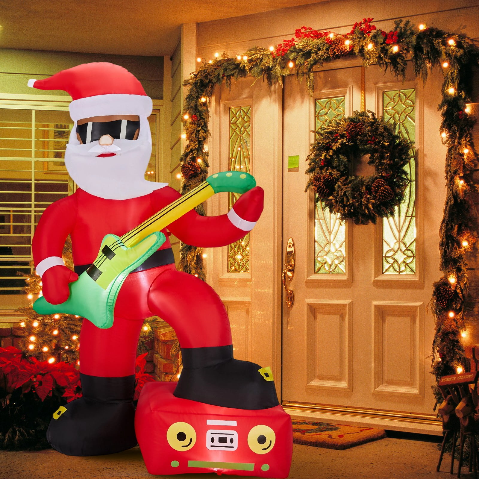 Astoutdoor 7.5 ft Lighted Christmas Inflatable Decoration, Black Santa Playing Electric Guitar, Blow Up Yard Decor with Built-in LED Lights