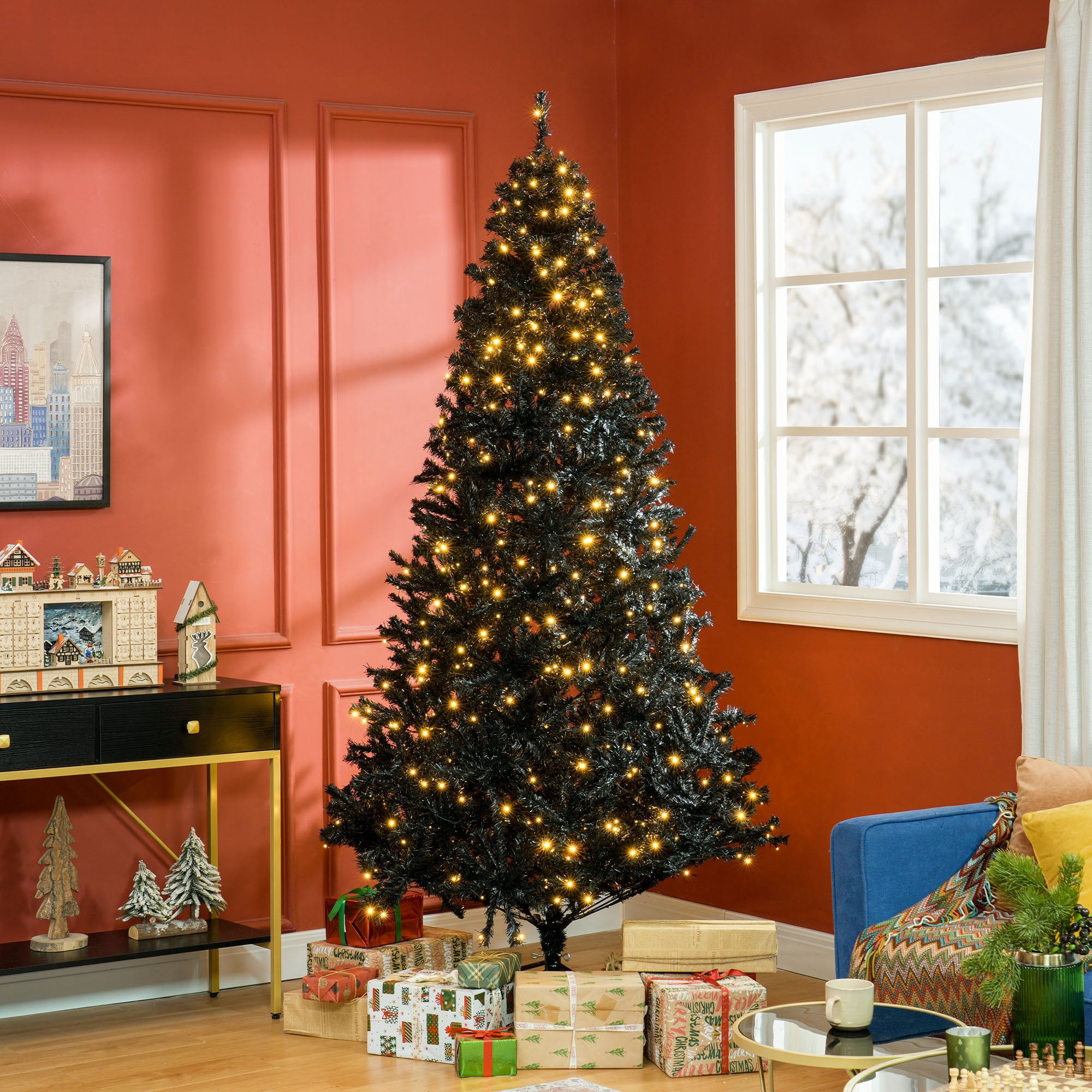 7.5 ft Pre-Lit Artificial Christmas Tree with 500 Warm White LED Lights, 1346 Tips, Black