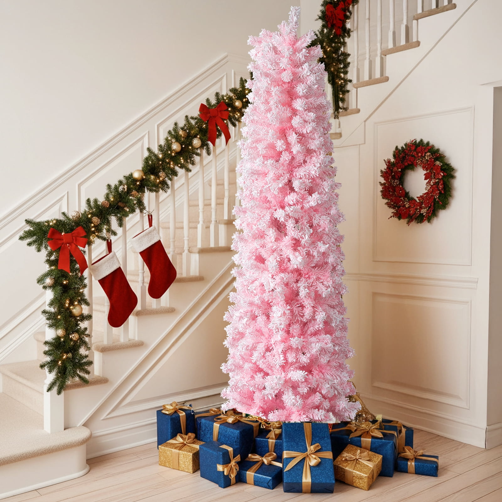 Astoutdoor 7.5 ft Snowy Pink Flocked Artificial Pencil Christmas Tree with 641 Branch Tips and Sturdy Stand