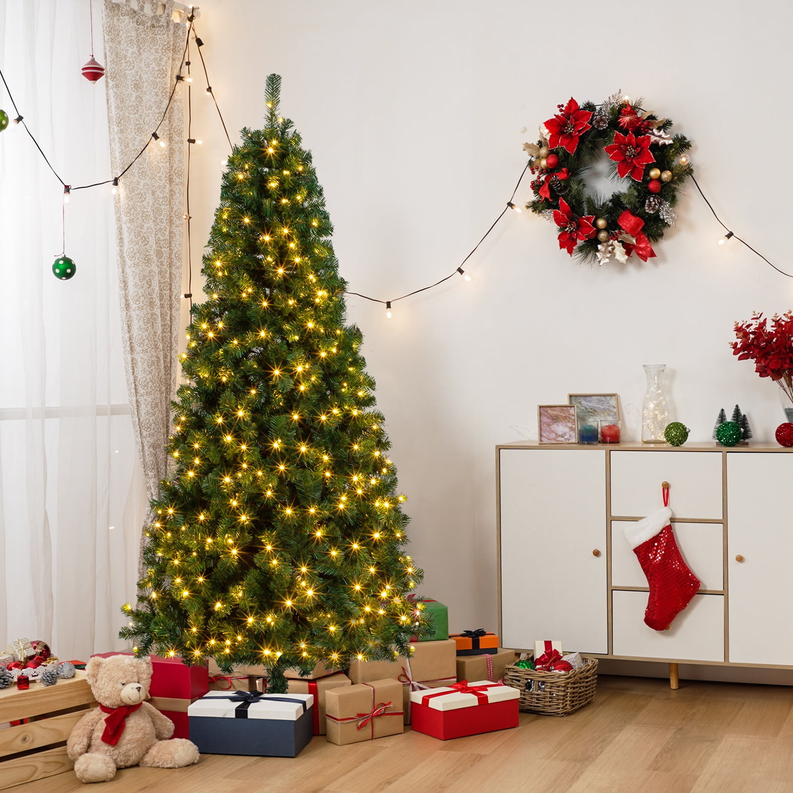 Astoutdoor 7 ft Christmas Tree with 1100 Branches, 200 Warm Lights, 8 Modes, Green PVC