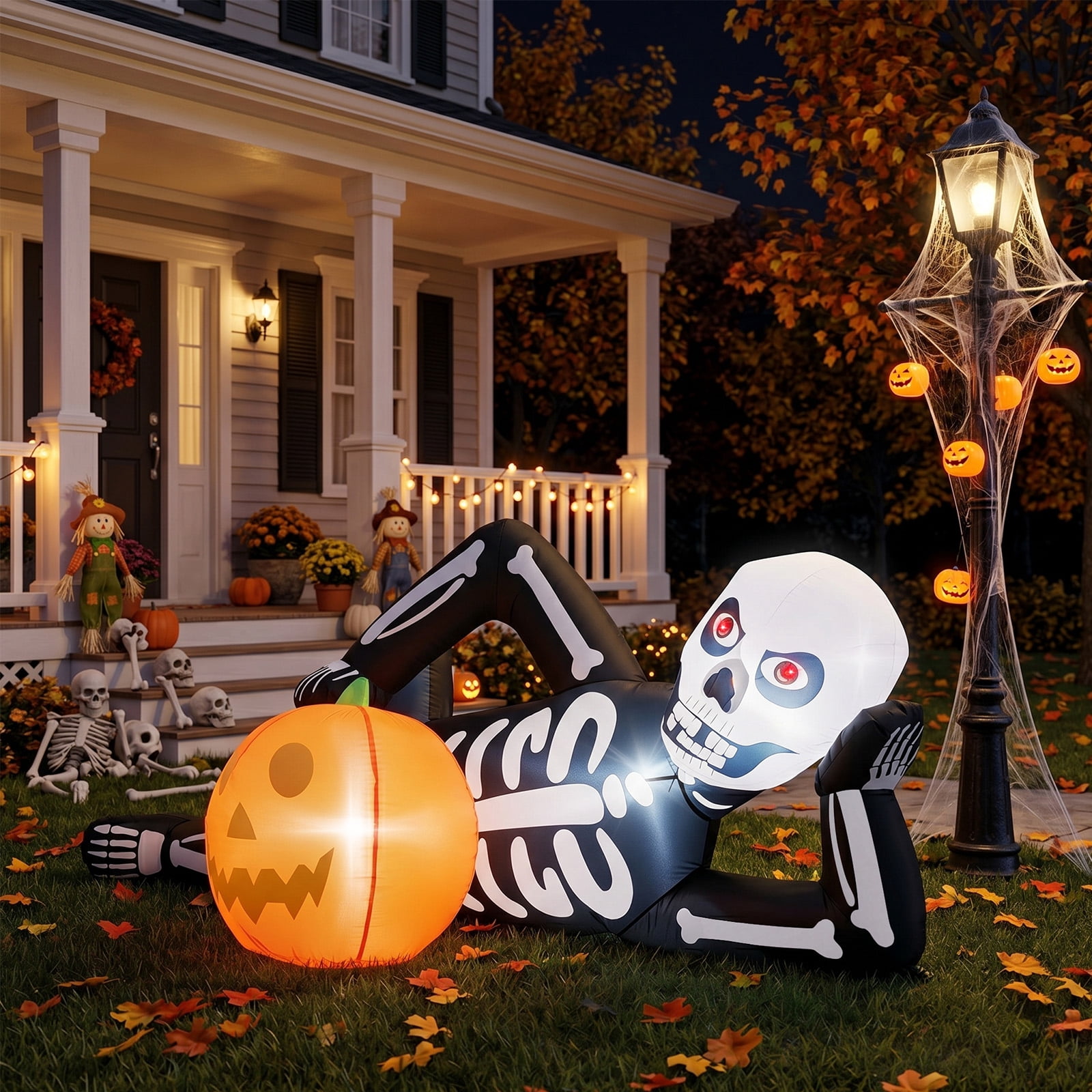 Astoutdoor 7 ft Inflatable Halloween Lying Skeleton Decoration with 7 Built-in LED Lights, Black and White, 12V 1250mA US Power Adapter