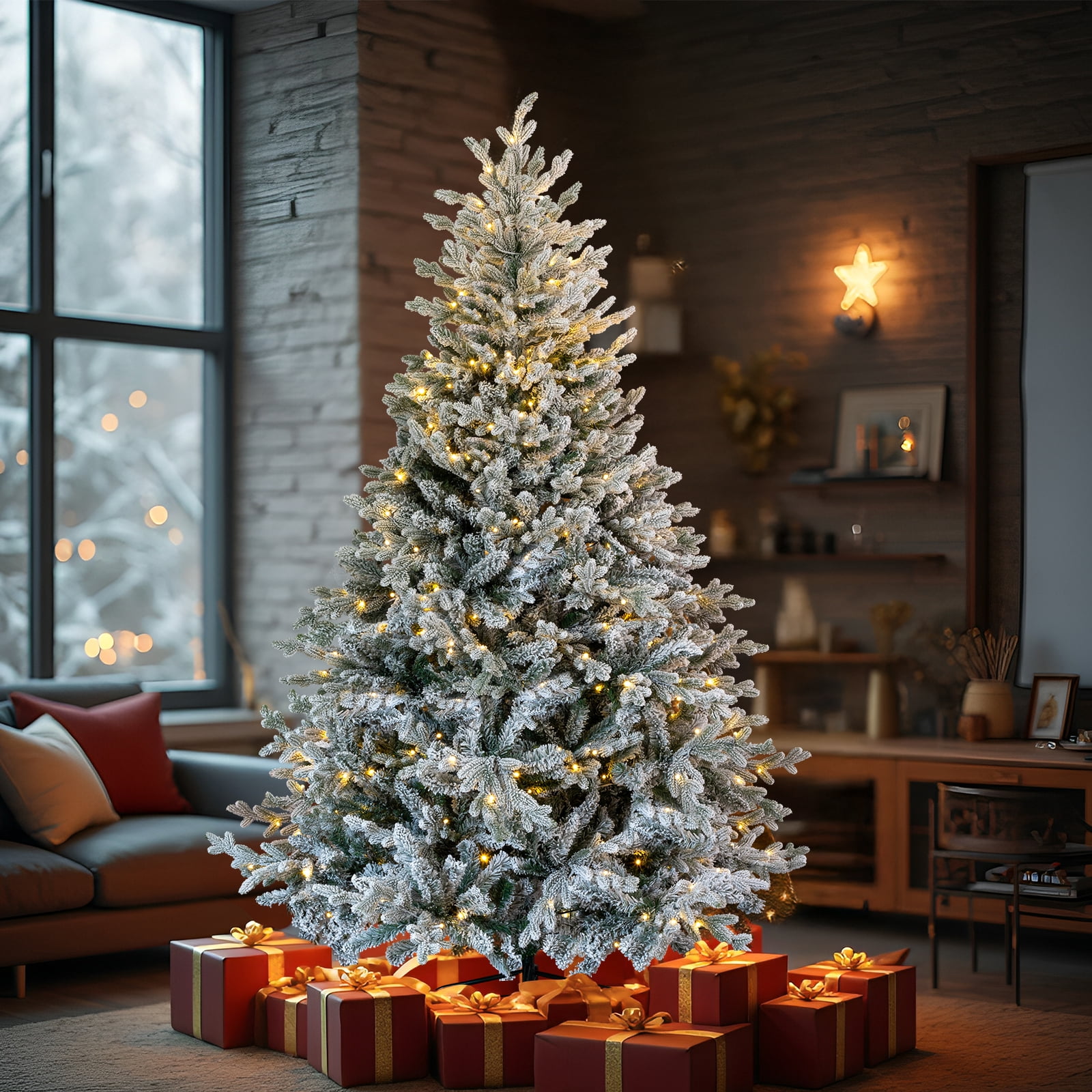 Astoutdoor 7 ft Pre-lit Snow Flocked Christmas Tree with 1100 Branch Tips and 400 Lights, Snow Flocked Green