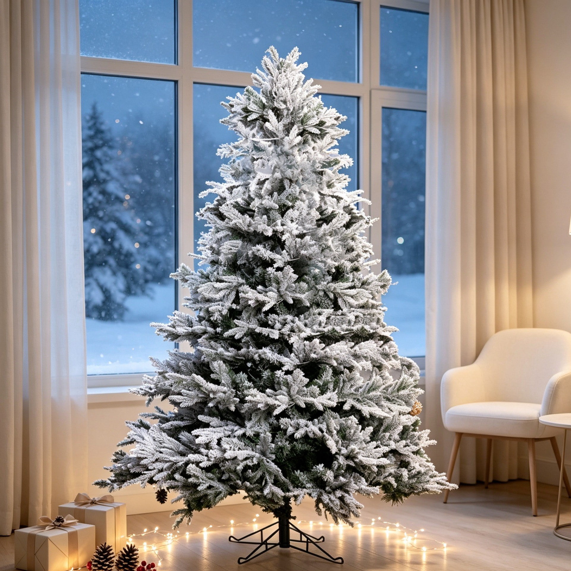 7 ft Snow-Flocked Artificial Christmas Tree with Green Metal Stand, White
