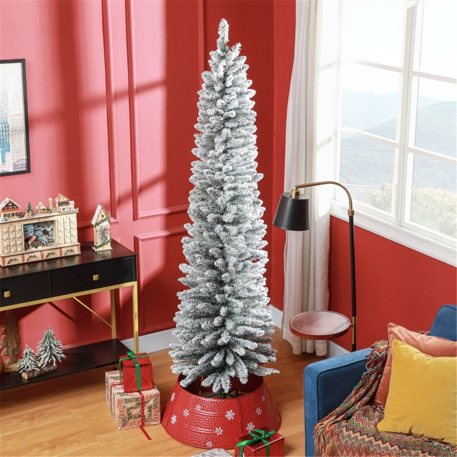 Astoutdoor 7 ft Snow-Flocked Pencil Christmas Tree with 405 Tips, Green, Indoor Use