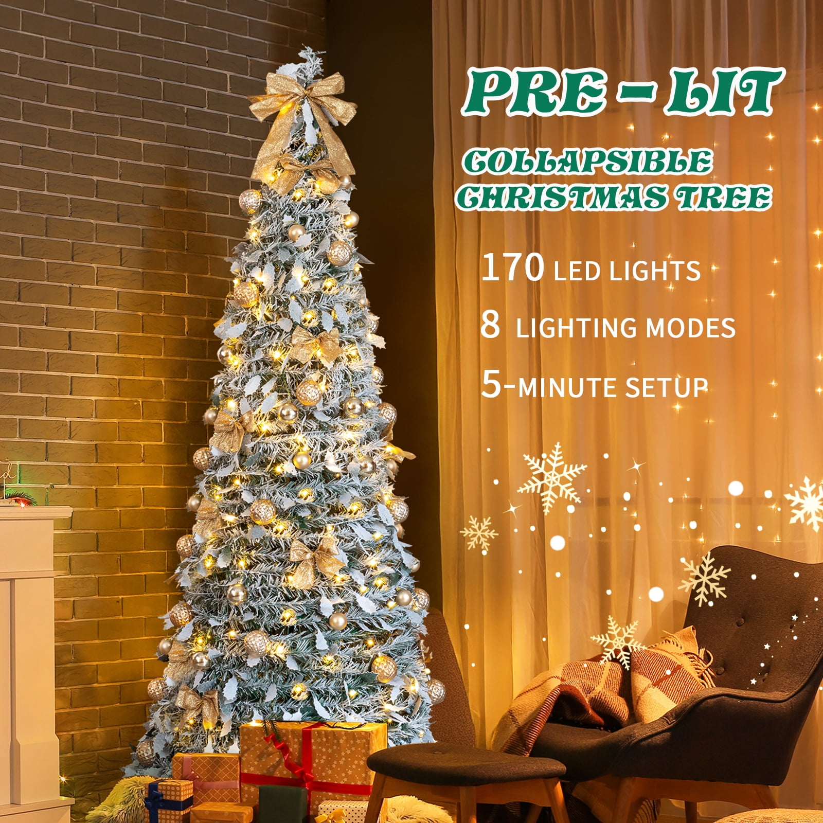 Astoutdoor 7 ft Snow Flocked Pre-lit Artificial Pop Up Christmas Tree with 170 Warm Lights and Ornaments, Snowy Green