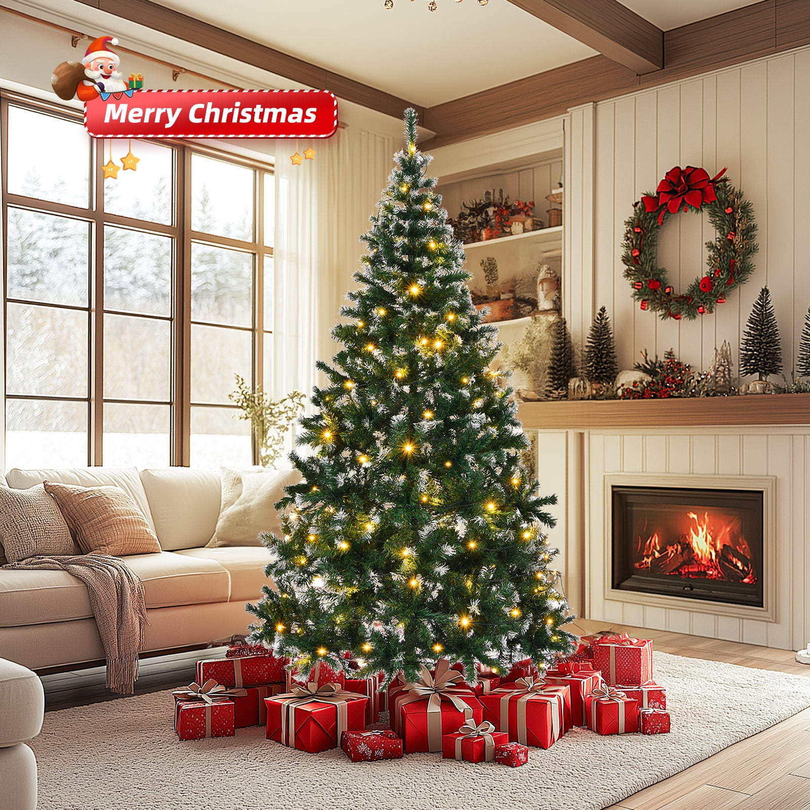 Astoutdoor 7 ft Snow Tipped Artificial Christmas Tree with 150 Warm Lights, Remote Control, 1100 Branch Tips, and Metal Stand, Green Snow Tipped
