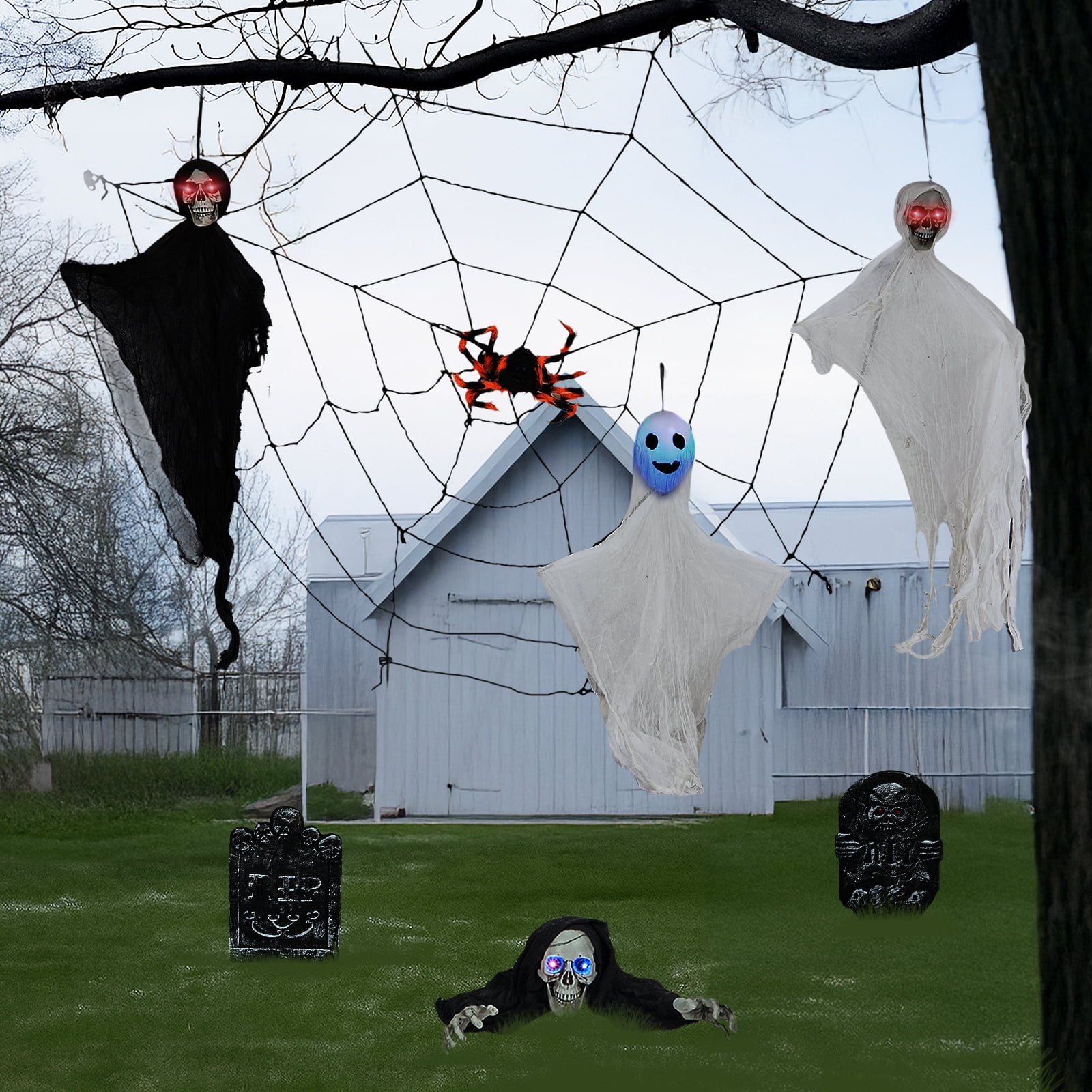 Astoutdoor 8-Piece Outdoor Halloween Decoration Set with Hanging Ghosts, Gravestones, Skeleton, and 5.9 ft Cobweb
