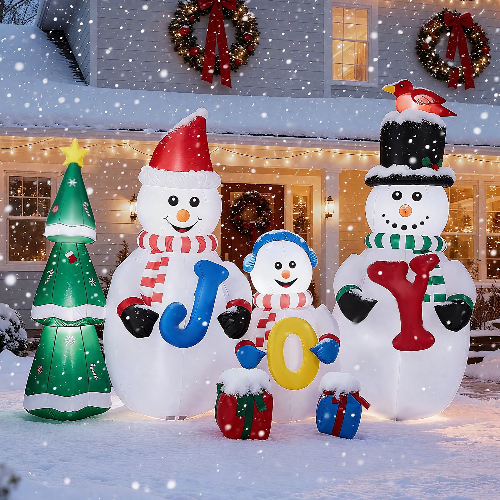 Astoutdoor 8 ft Lighted Christmas Inflatable Decoration, Snowman Family with JOY and Xmas Tree, Blow Up Yard Decor with Built-in LED Lights