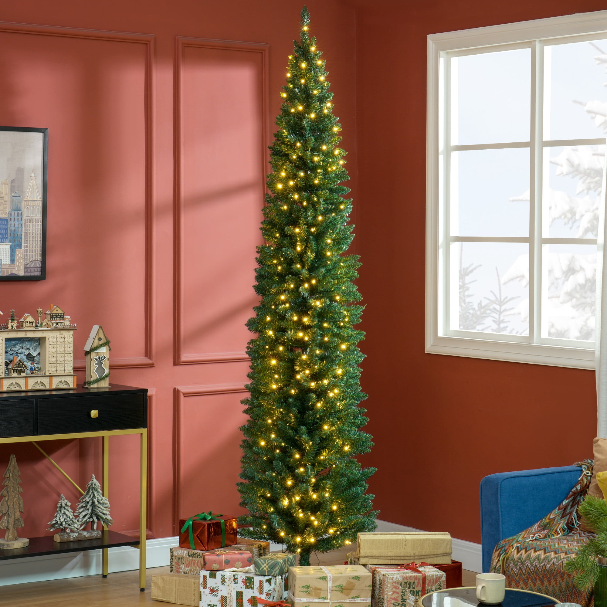 8 ft Pre-Lit Slim Artificial Christmas Tree with 300 Warm White LED Lights, Green