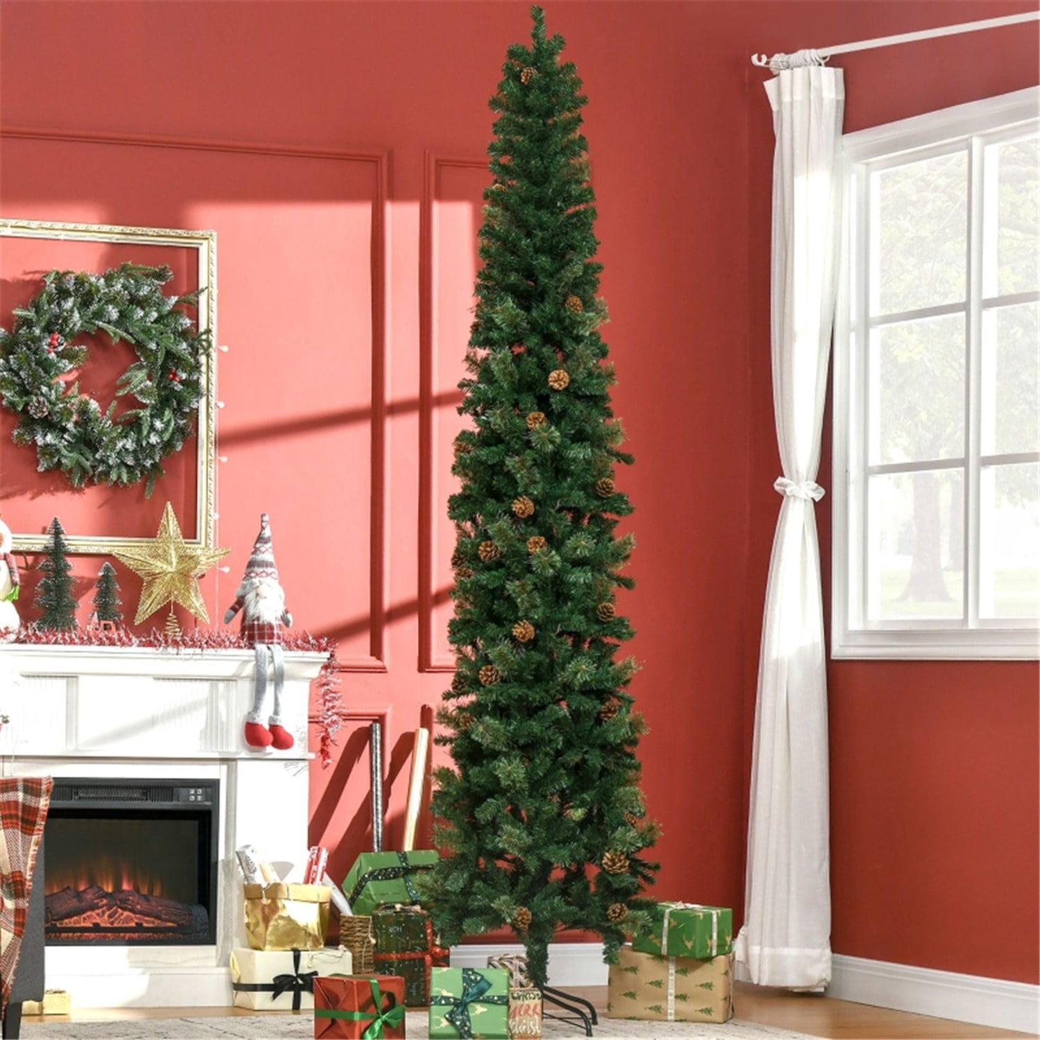 Astoutdoor 9.5 ft Pencil Christmas Tree with Pine Cones, Green, 1132 Tips, Indoor Use