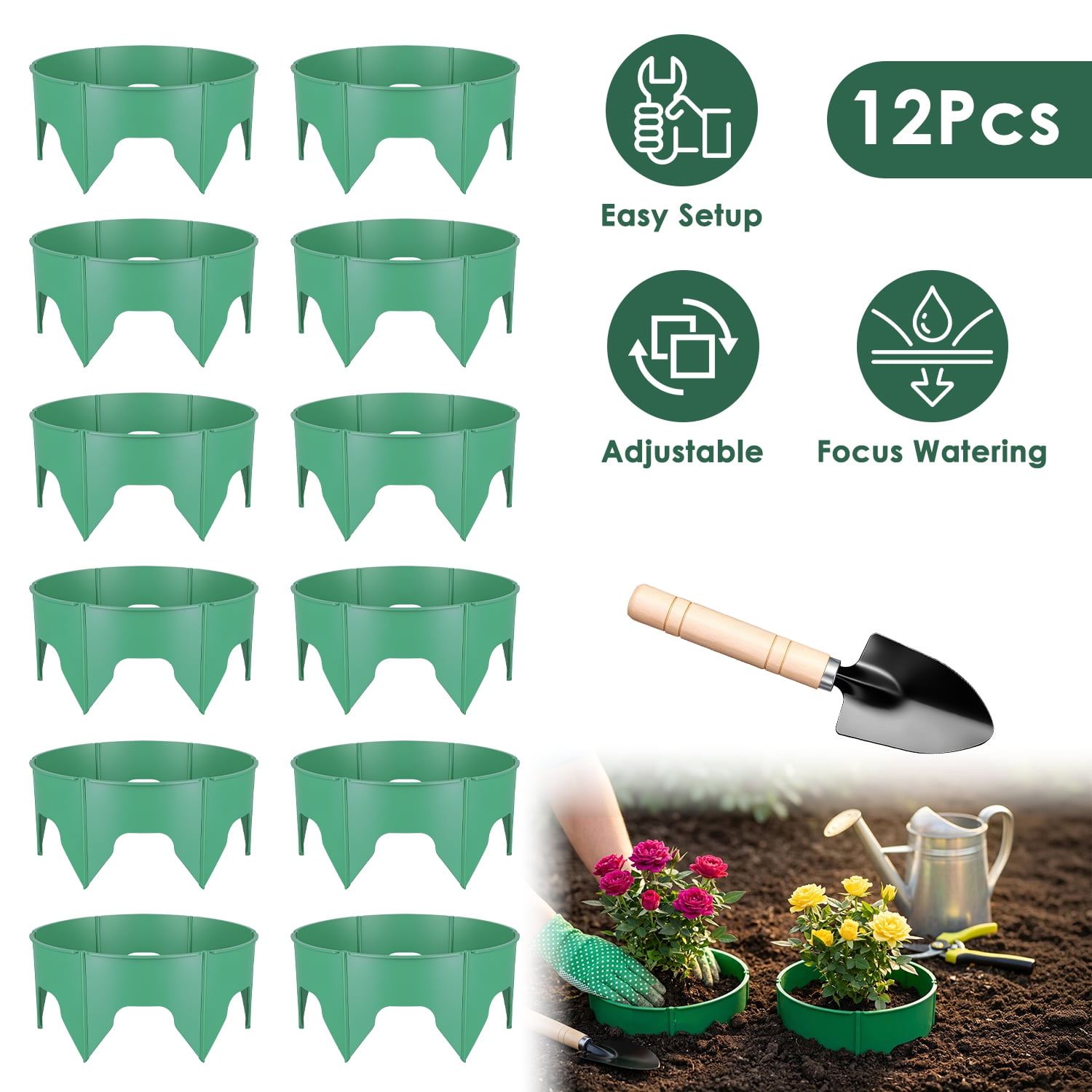 Astoutdoor Adjustable Interlocking Plant Grow Rings, 12-Piece Set with Snap-Together Panels, 14.17 in, Green