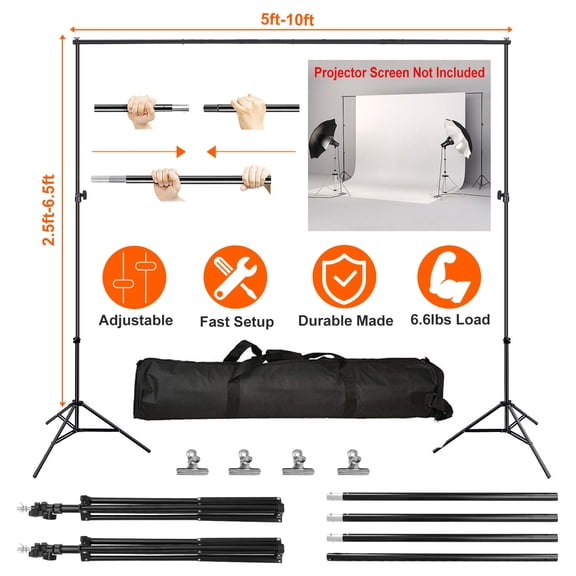 Adjustable Photo Backdrop Stand, 5-10 ft Crossbar and 2.5-6.5 ft Support Stands, Aluminum-Iron Background Support Kit with 4 Clamps and Oxford Carry Bag