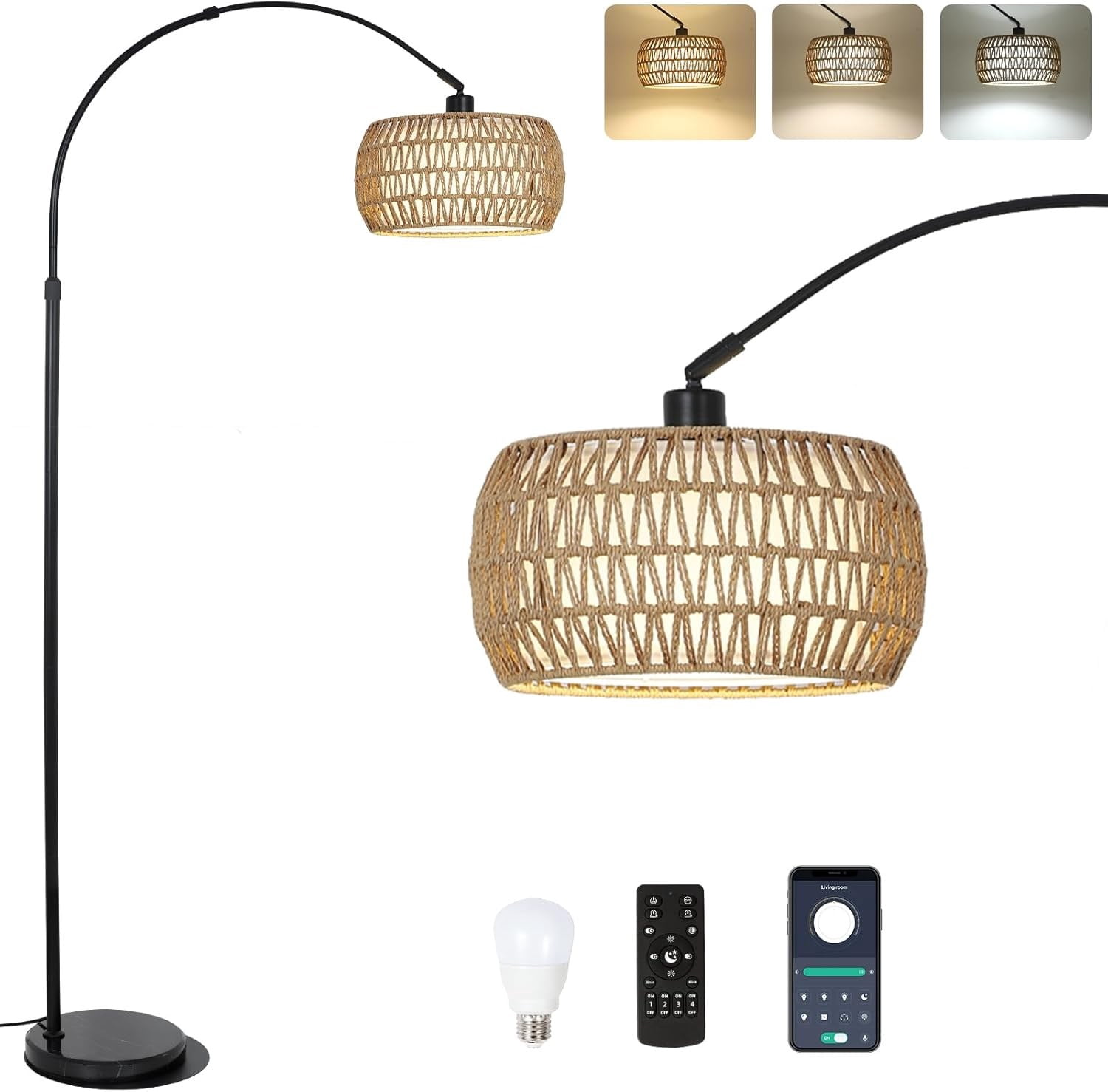 Arc Floor Lamp for Living Room, Black Standing Lamp with Remote and Dimmable LED, Rattan Boho Design
