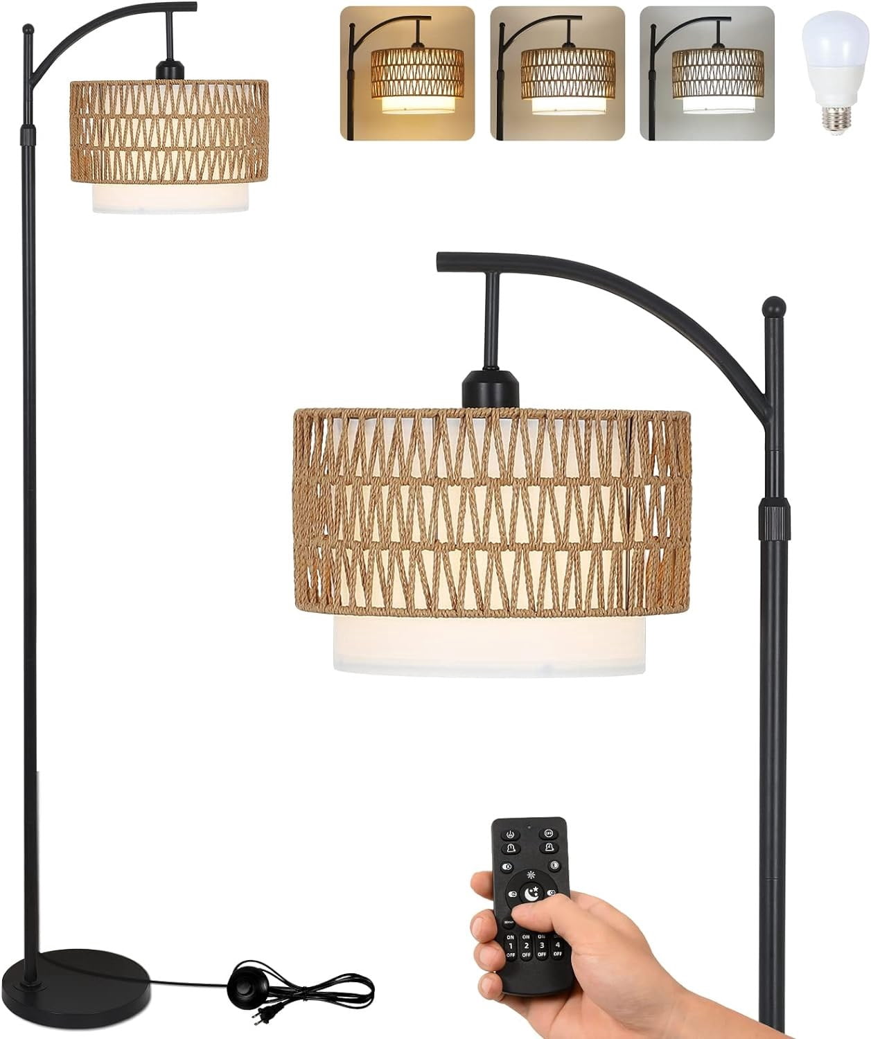 Arc Floor Lamp with Rattan and Fabric Shades, Dimmable, Remote Control, Adjustable Height