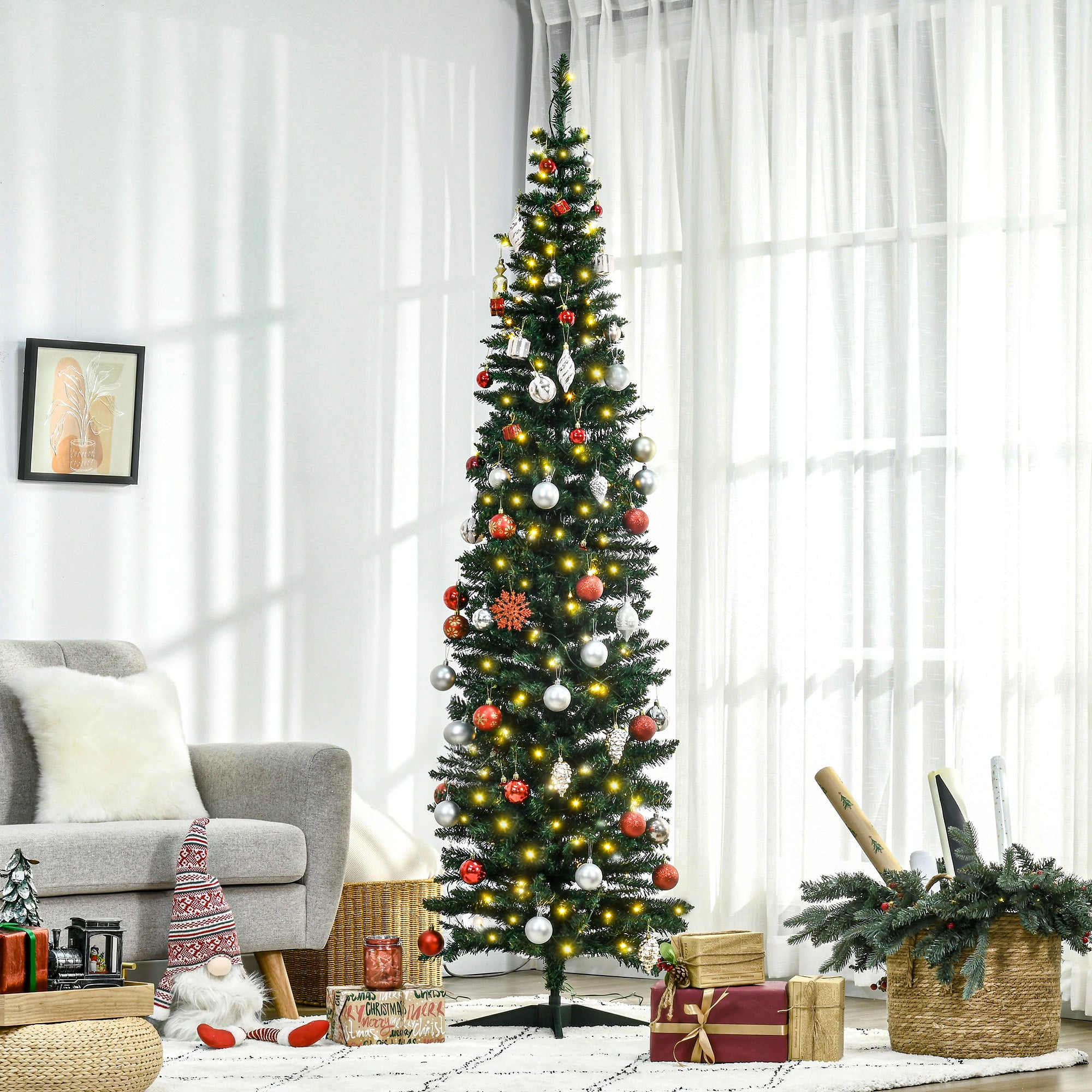 Astoutdoor Artificial Christmas Tree, 7 ft, Green, Warm White LED Lights, Pencil Shape, Indoor Use