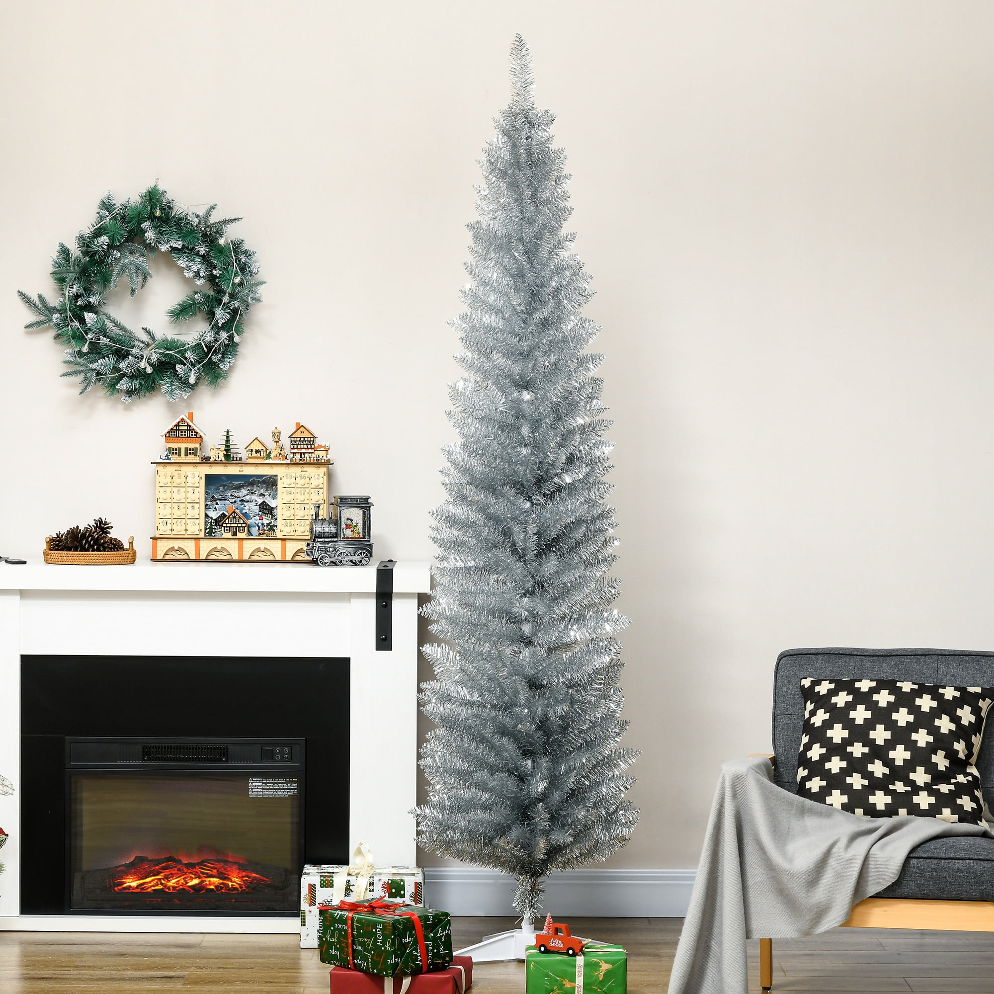 Astoutdoor Artificial Christmas Tree, Silver, Plastic, 7 ft Pencil Style with 499 Tips